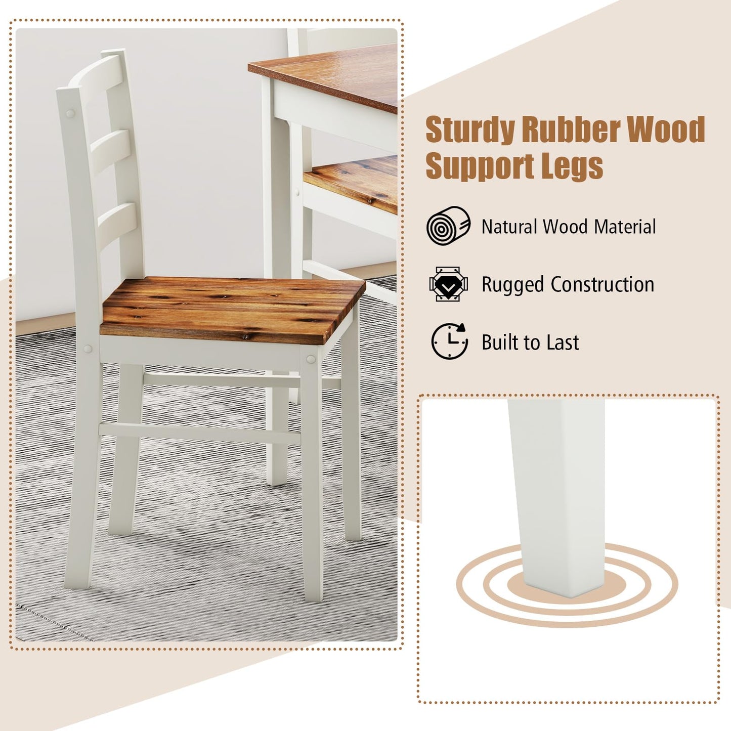 Tangkula Dining Table Set for 4, Solid Wood, Farmhouse Dinette Set w/Rubber Wood Legs, Mid-Century Modern, Compact Dining Table and Chairs Set for Kitchen, Dining Room (Brown+White)
