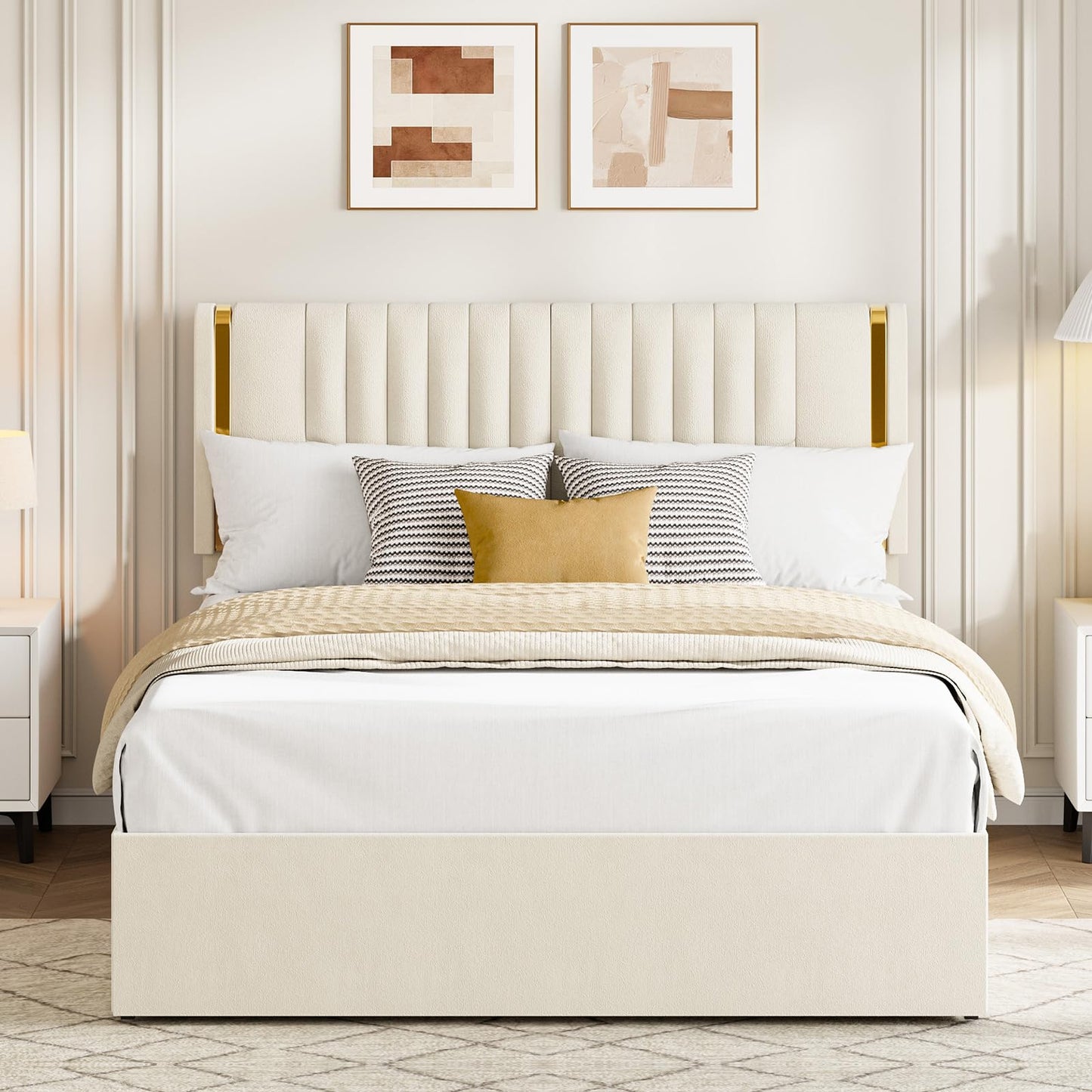 Garvee Upholstered Full Size Bed Frame with Adjustable Headboard, Luxury Golden Tufted Platform Bed with 4 Storage Drawers, Wooden Slats Support, No Box Spring Needed, Easy Assembly - Beige