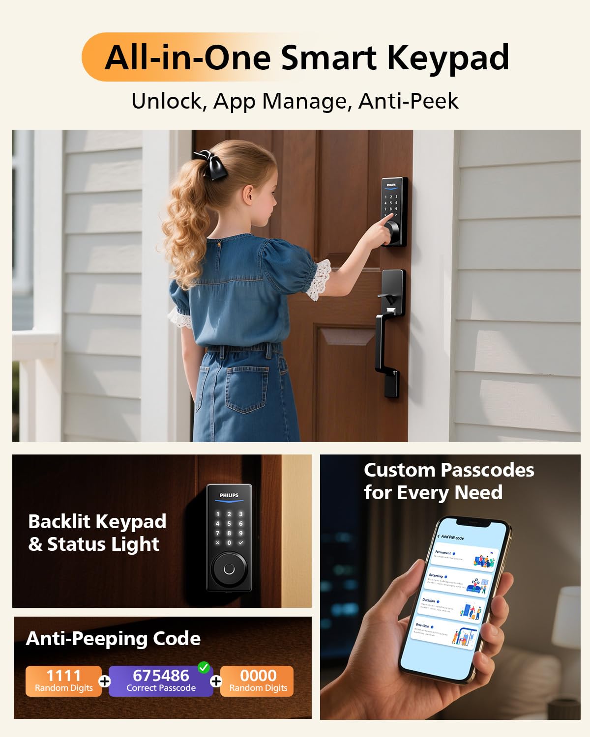 Philips Touchscreen WiFi Smart Lock with Handle Set, Built-in WiFi, Remote Control & Voice Control, Fingerprint Keyless Entry Door Lock, Smart Locks for Front Door Deadbolt, Auto-Lock, Matte Black