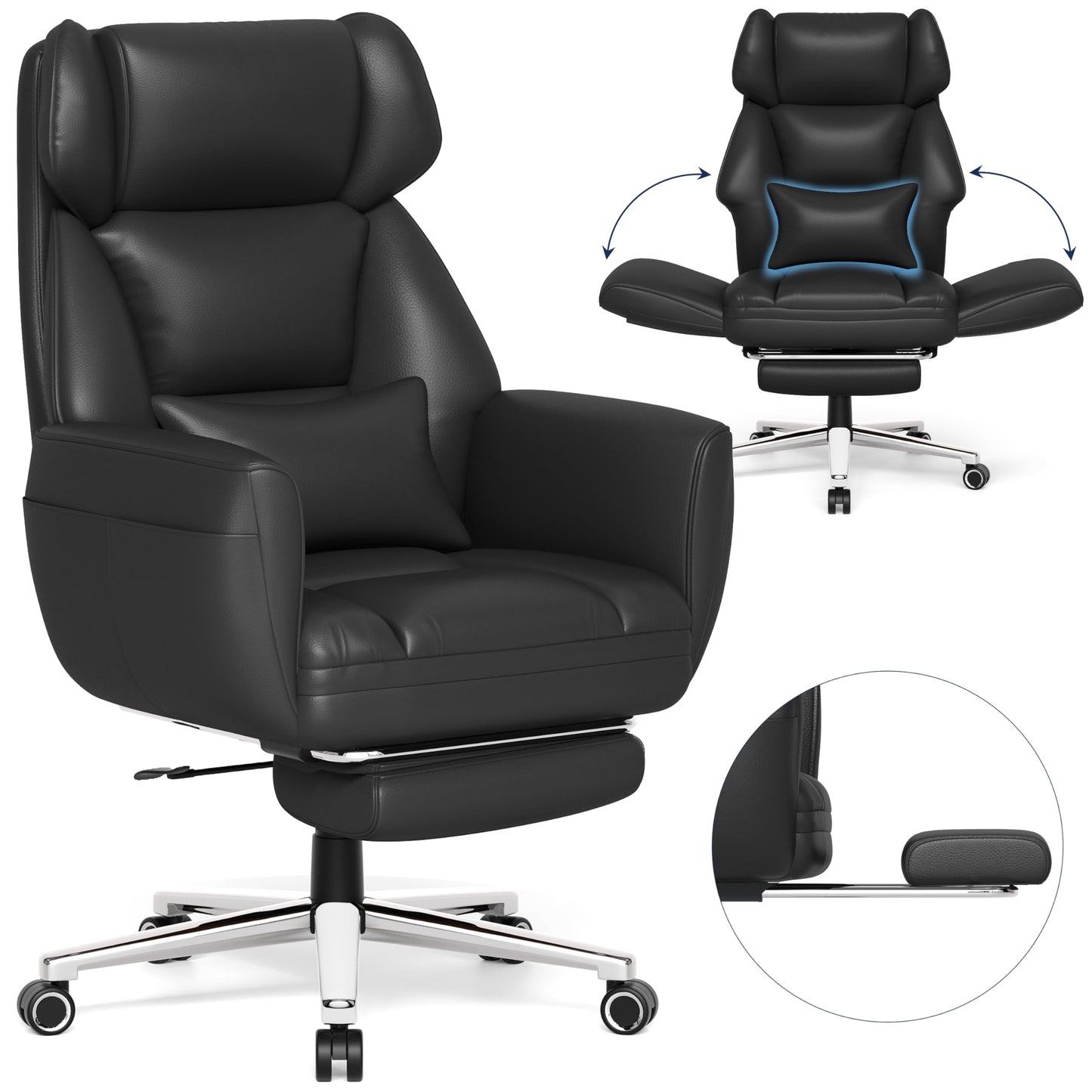 GABRYLLY Criss Cross Chair with Footrest, Big and Tall Office Chair - Wide Seat, Reversible Armrests, 120°Tilt, 400LBS Heavy-Duty Executive Leather Chair for Working, Gaming & Meditation, Grey
