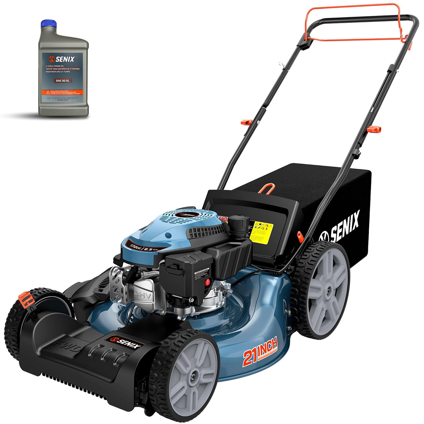 SENIX 21'' Self-Propelled Gas Lawn Mower (FWD), 170 cc 4-Cycle Engine 3.8 HP, 3-in-1 (Bagging/Mulching/Side Discharge), 6-Position Cutting Height Adjustment, 1.7 Bushels Grass Bag