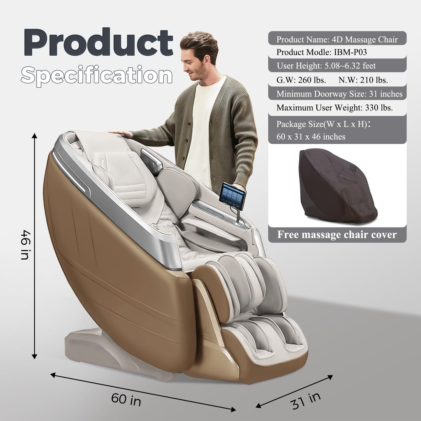 iBooMas P03 4D Massage Chair Full Body, Zero Gravity Massage Chair Recliner with 55" SL Track, 30 Auto Programs, Airbag Mode, Calf & Foot Roller, AI Voice, Relaxation & Sleep Support, Beige
