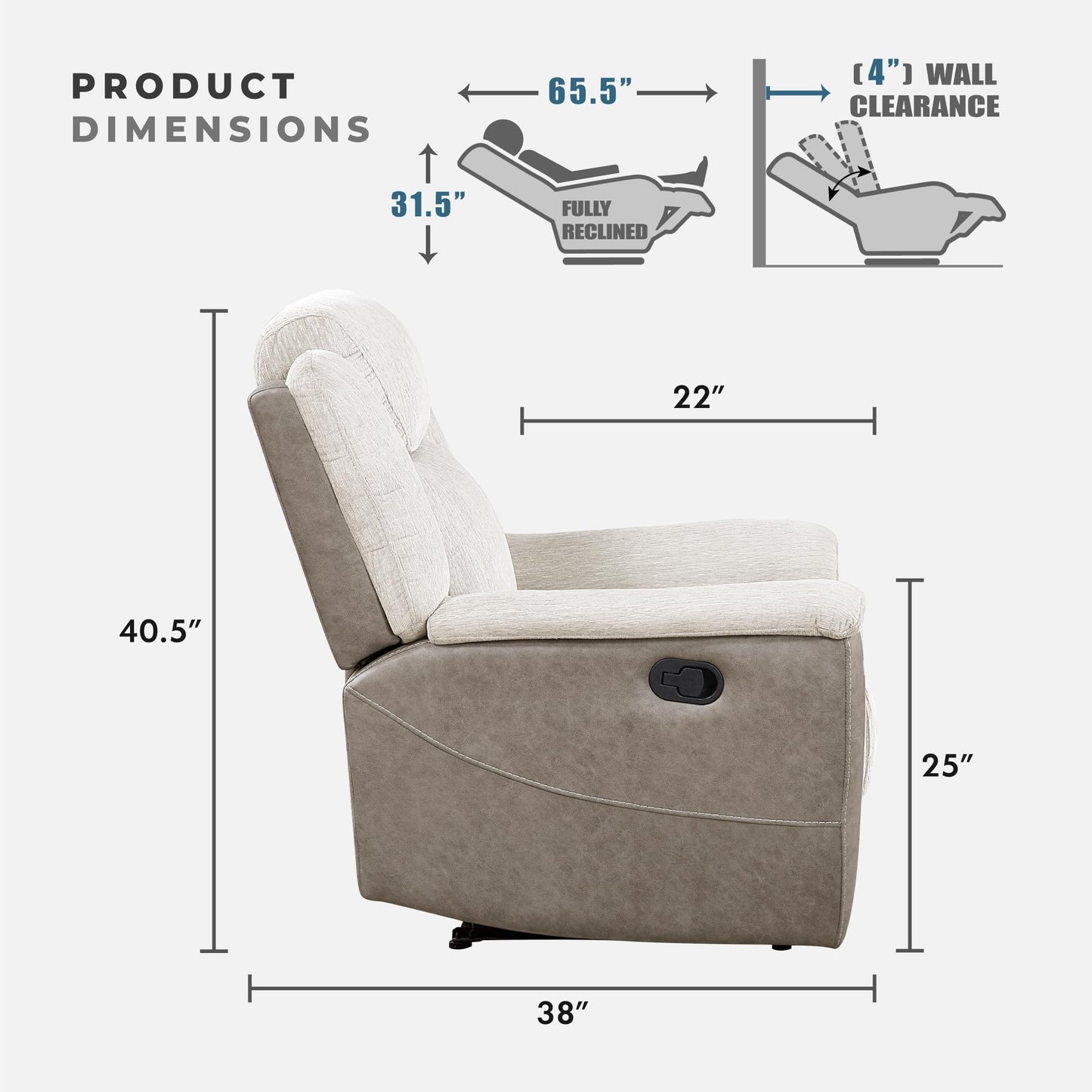 Lexicon Manual Recliner Chair for Living Room, Chenille Upholstery Reclining Chair, Home Theater Seating, Wall Hugger, Padded Headrest, Required Assembly, Two-Tone Beige