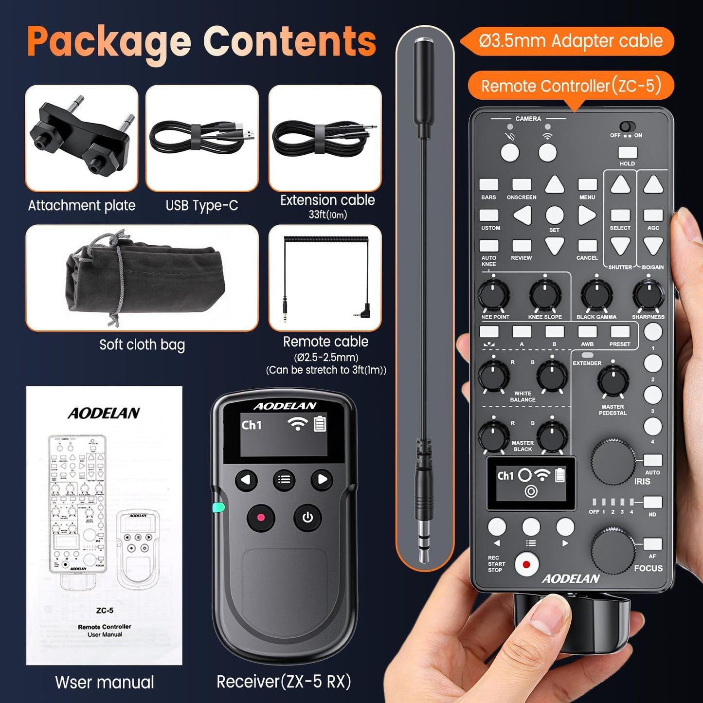 AODELAN Compatible with Canon Camcorder Controller, 650FT Wireless Multifunctional Remote Control for HF G70,G60,G50,XA60,XA65,XA70,C80,C700 with IRIS Focus Zoom ISO OSD ND Adjust,Replace RC-V100