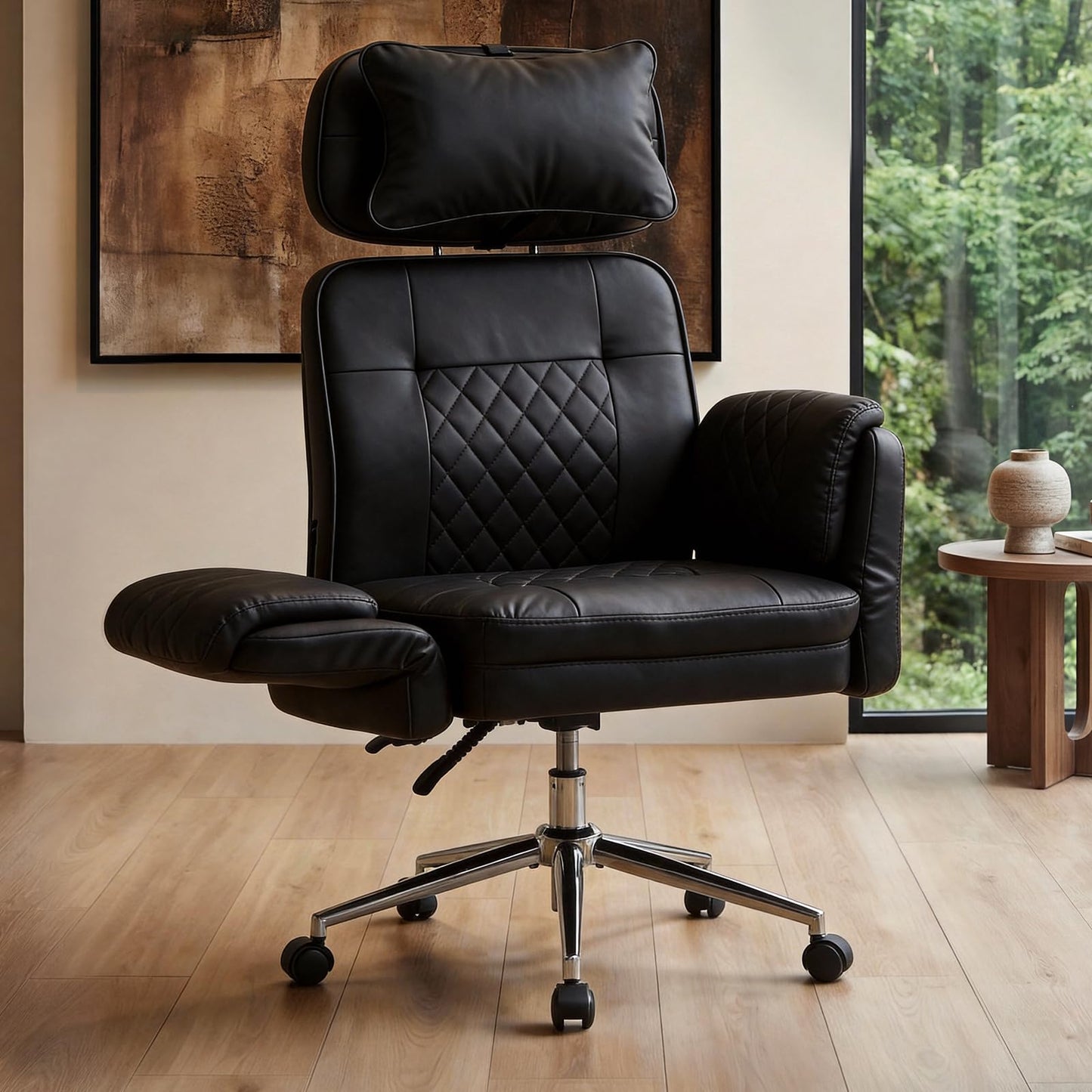 Big and Tall Office Chair - Criss Cross Leather High Back Executive Office Chair with Armrests & Wheels, Ergonomic Computer Gaming Desk Chair for Home, Makeup Vanity & Bedroom, Black, 49.6”H×22”W