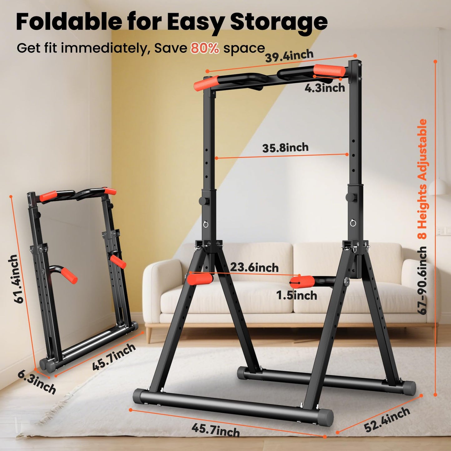 WATBKHE Foldable Power Tower Pull Up Bar Dip Station, Pull Up Bar Standing for Home Gym Adjustable Height, Multi-Functional Workout Equipment Strength Training Machine, Support 460LBS