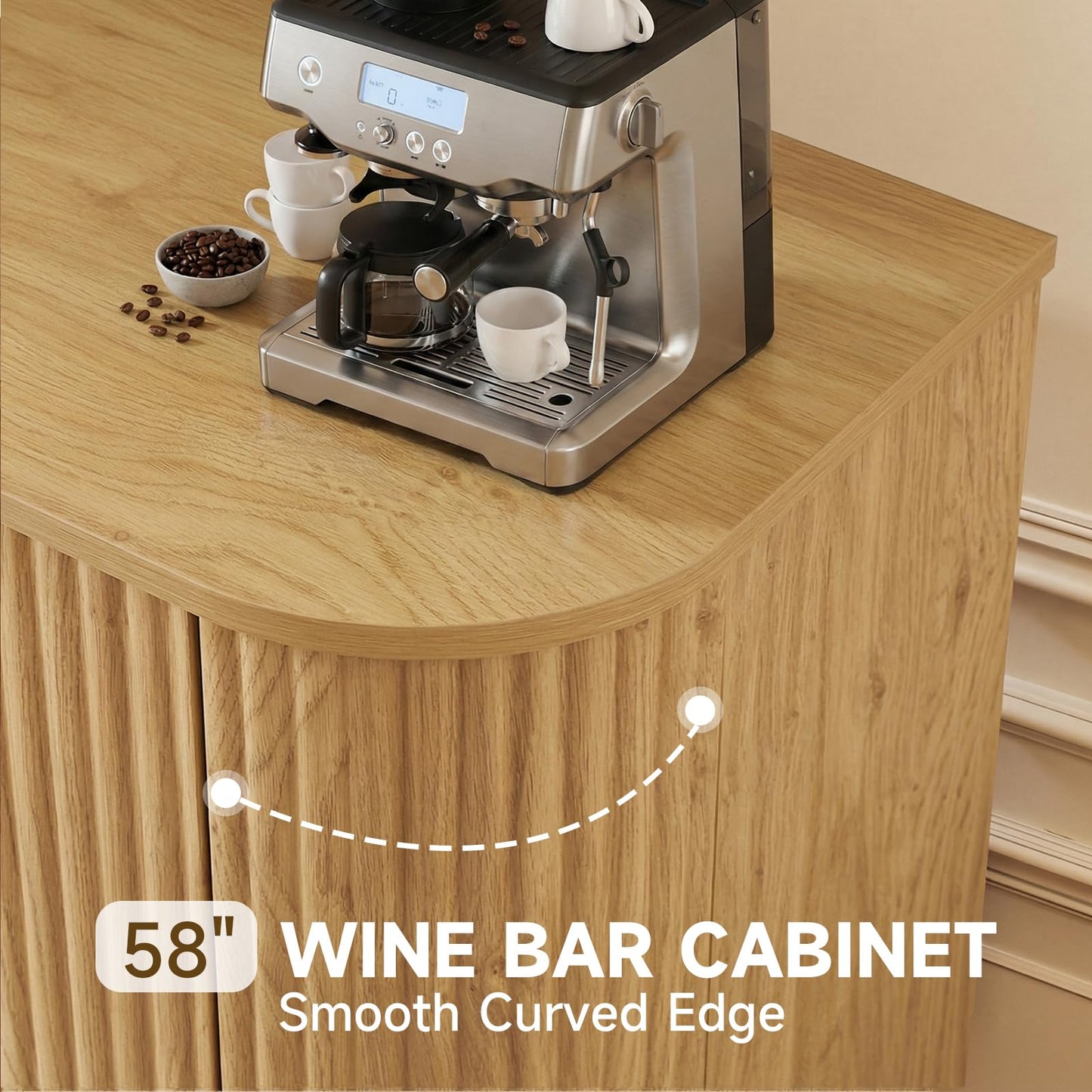 Rovibek 58" Fluted Wine Bar Cabinet with Storage, Modern Buffet Cabinet Sideboard with Wine Rack and Glass Holder, Farmhouse Buffet Sideboard with Adjustable Shelves for Living Room, Kitchen (Natural)