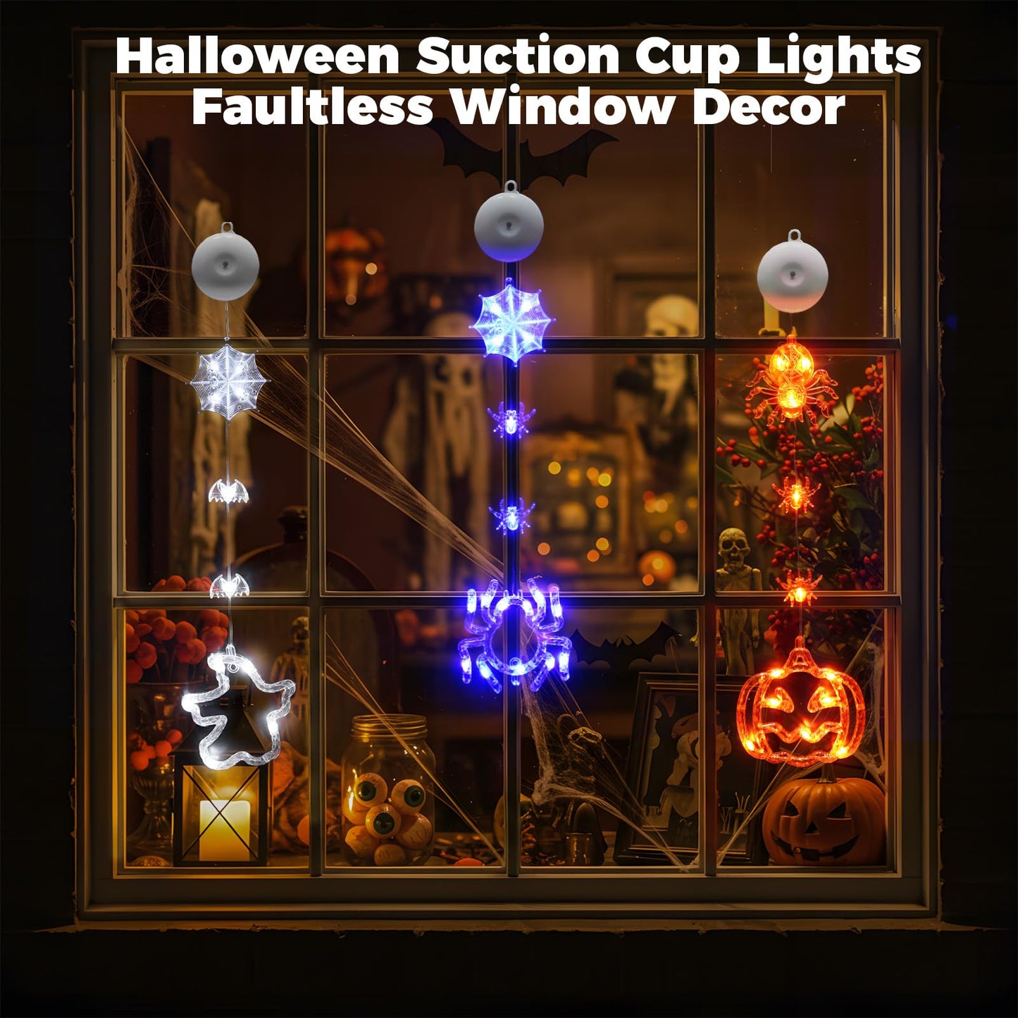 suddus Halloween Window Lights - 3 Pack Battery Operated with Timer - Orange Pumpkin, Purple Spider & White Ghost Decorations