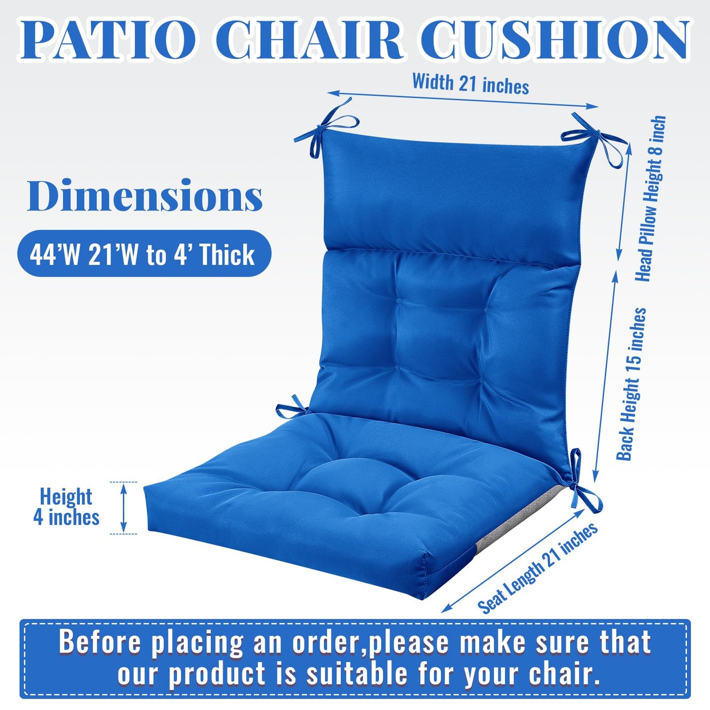 Sintuff 6 Pcs 44 x 21 x 4 Outdoor Chair Cushion Patio Chair Cushions Seat/Back Tufted Pillow with Ties Water Resistant Replacement Indoor Patio Furniture Outdoor Furniture (Solid Color,Blue)