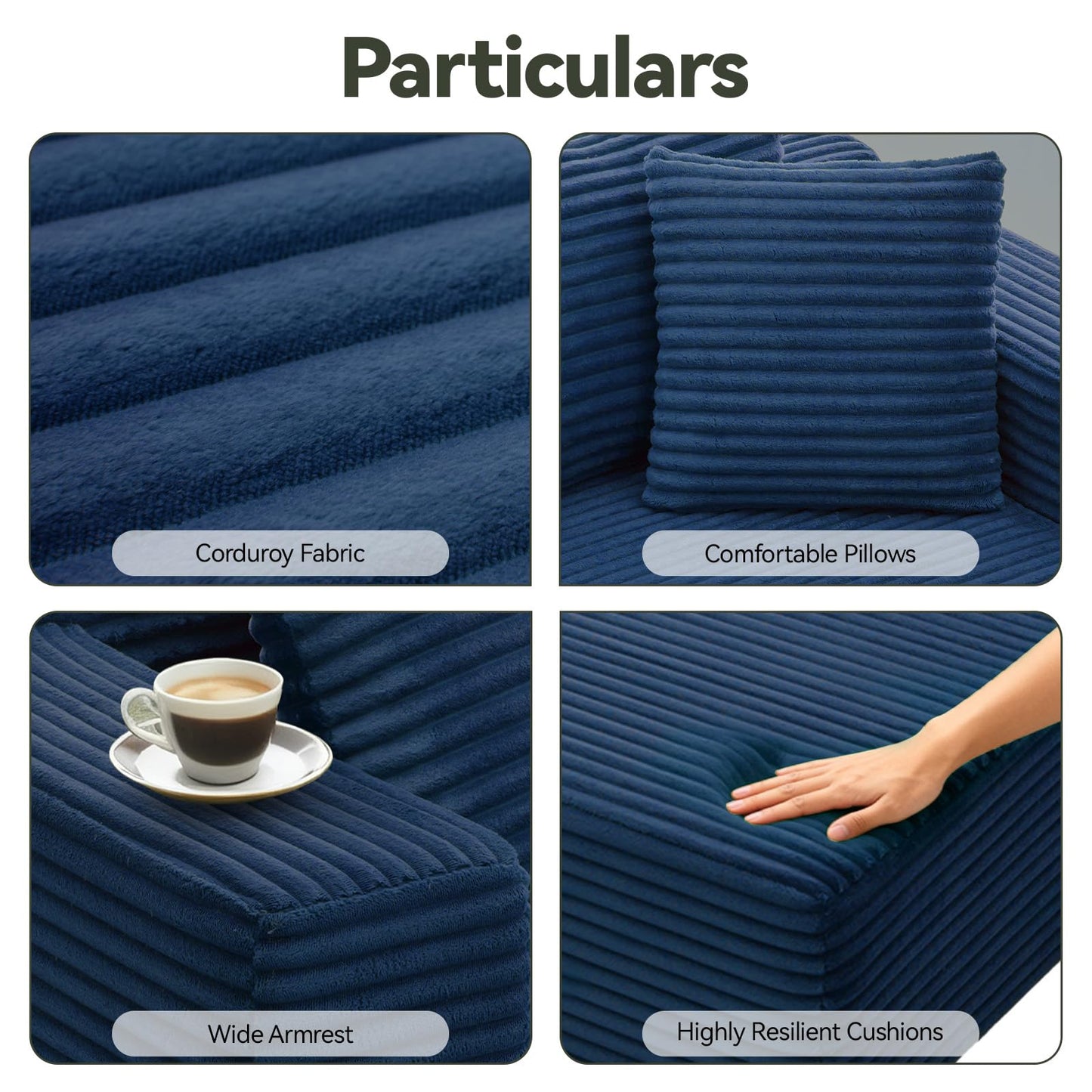 TRUNBACK 106" Modular Sectional Sofa, Blue Corduroy Cloud Couch with Right Chaise, Deep Seat Boneless Floor Sofa for Living Room, High-Resilience Foam Support, No Assembly Required, Includes Pillows