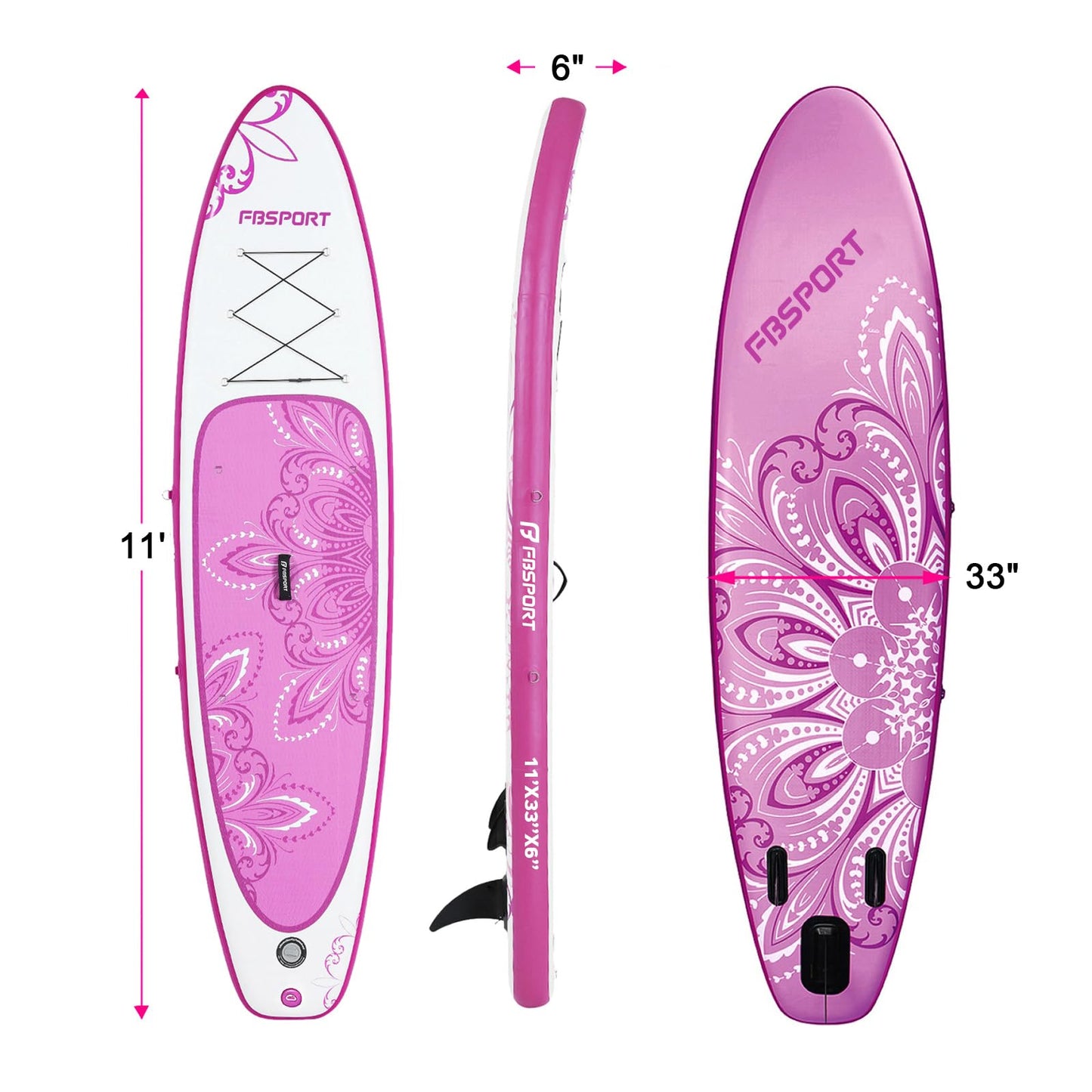 FBSPORT 11' Premium Stand Up Paddle Board, Yoga Board with SUP Accessories & Carry Bag | Wide Stance, Surf Control, Non-Slip Deck, Leash, Paddle and Pump for Youth & Adult (PurpleWhite)