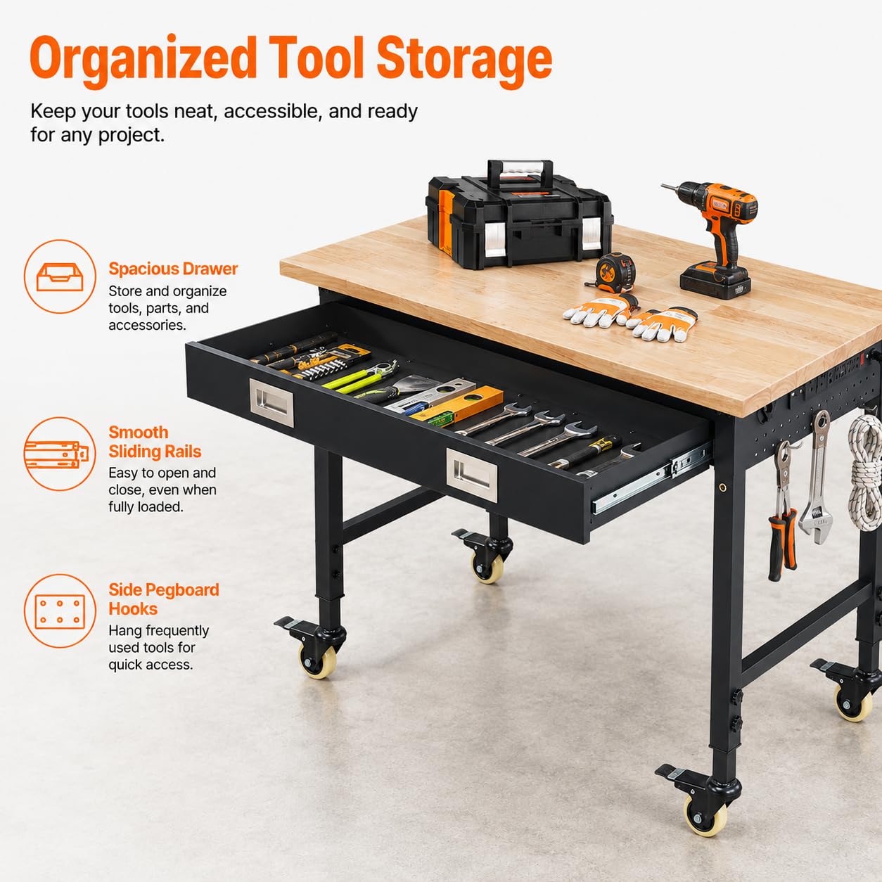 48"x24"x1.2" Heavy Duty Adjustable Workbench with Rubber Wood Top, Drawer Storage, 9 ft Power Strip, 2000 LBS Load Capacity, Lockable Wheels, ETL Certified, Black Garage & Workshop Table