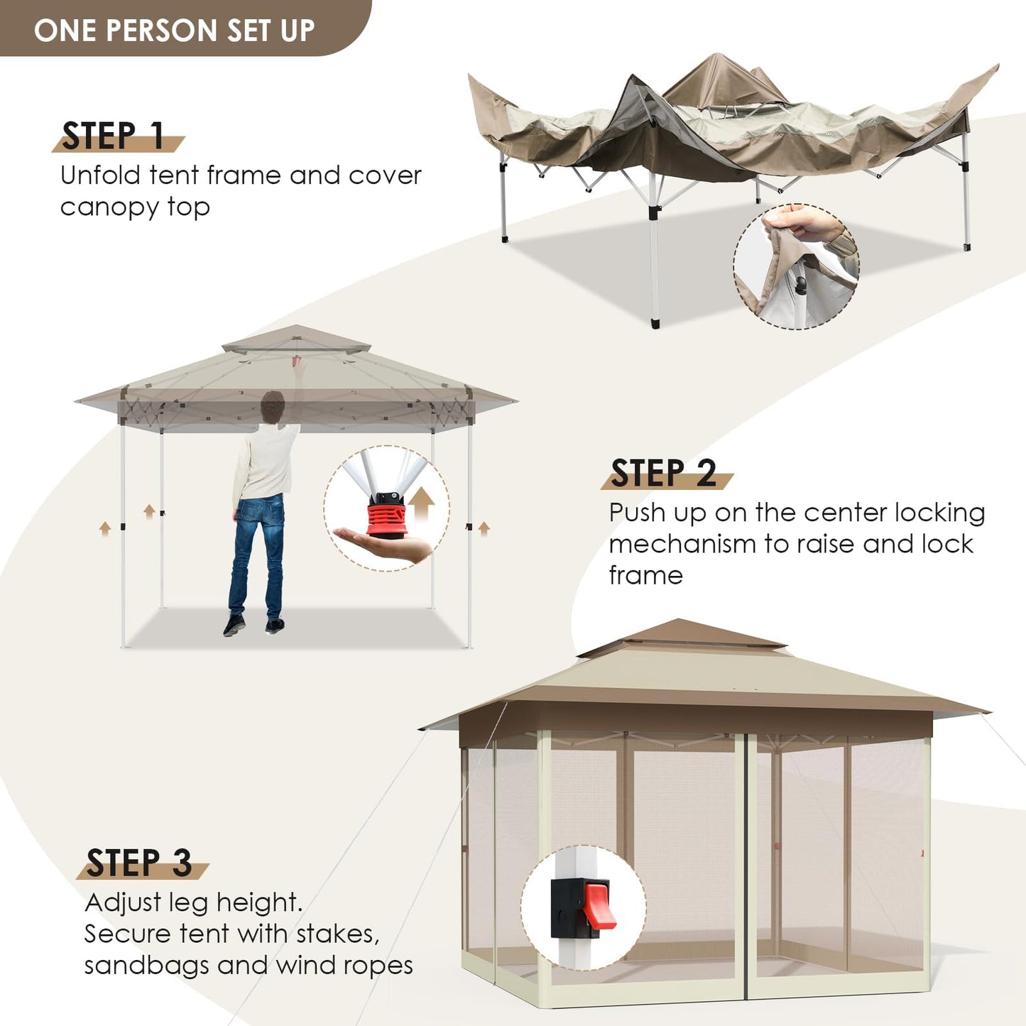 MAMIZO 13ft Pop Up Gazebo, Outdoor Instant Canopy Tent w/4 Netting Sidewall & Auto Extending Eave, Patio Gazebos Shelter w/Mesh Wall, Center Lock, Wheeled Bag for Garden, Yard (Khaki, 13X13FT)