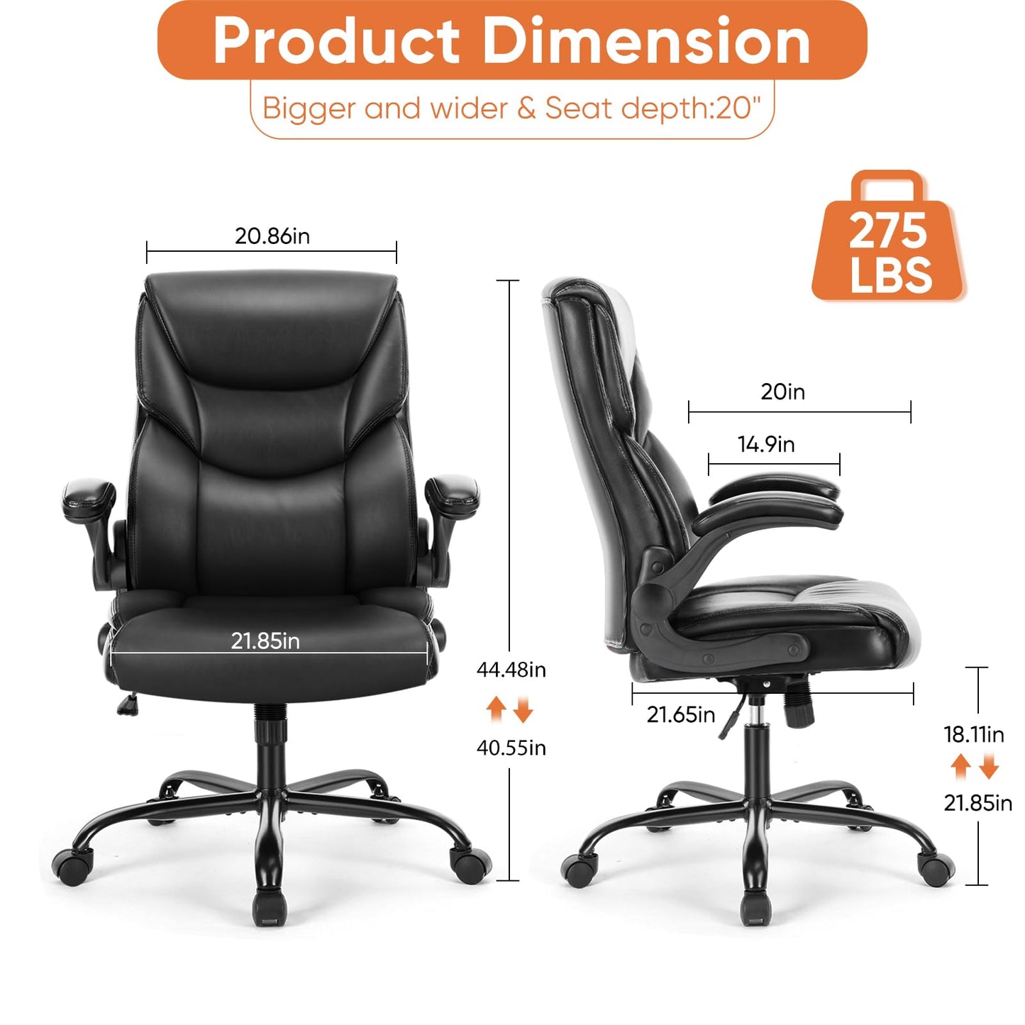 Sweetcrispy Ergonomic Computer Gaming Office Chair Set of 2, Heavy Duty Task Desk Swivel Rolling Chairs with Wheels, Flip-up Arms, Adjustable Height, PU Leather,Inky