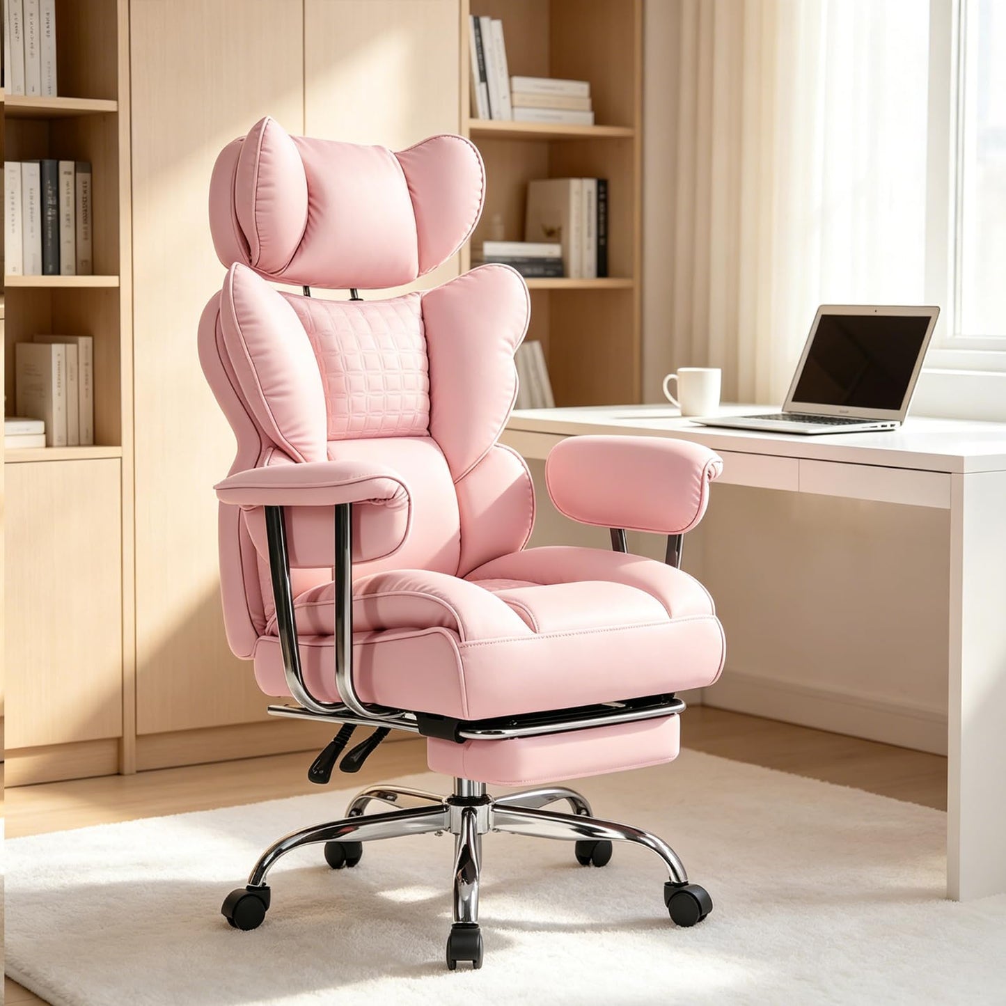 Big and Tall Office Chair 350 LBS, Scratch-Resistant PU Leather Executive Office Desk Chair with Footrest, Ergonomic Reclining Computer Chair with Pocket Spring Support for Home Office, Pink