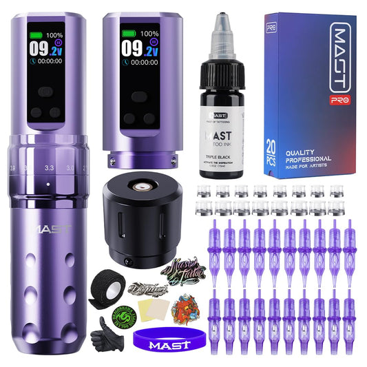 Mast Fold2 Pro Tattoo Kit, Cordless Complete Tattoo Gun Machine Kit, 2 Batteries 2000mAh Power Supply for Long Time, Needles Cartridges Black Tattoo Ink Kit (Purple)
