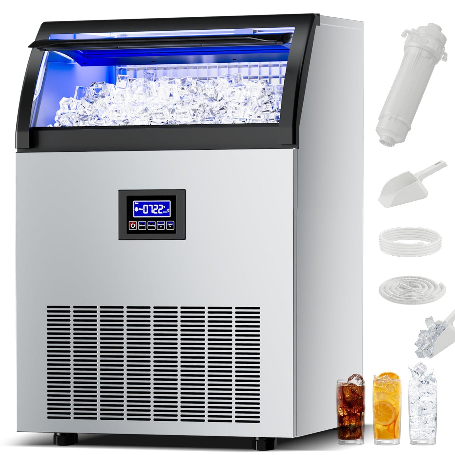 Commercial Ice Maker Machine 410Lbs/24H Freestanding Stainless Steel Under Counter Ice Maker with 80lbs Ice Storage Capacity Scoop Water Filter Pipes for Restaurant Offices Bars Home