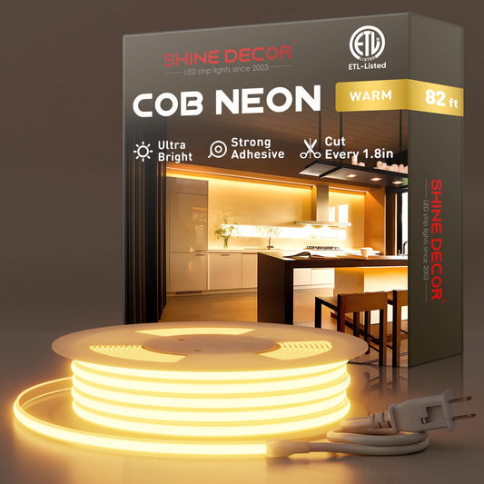 Shine Decor COB LED Rope Light, IP65 Waterproof, 82ft, 2800K Warm White, Model COBNeon-WW-25M