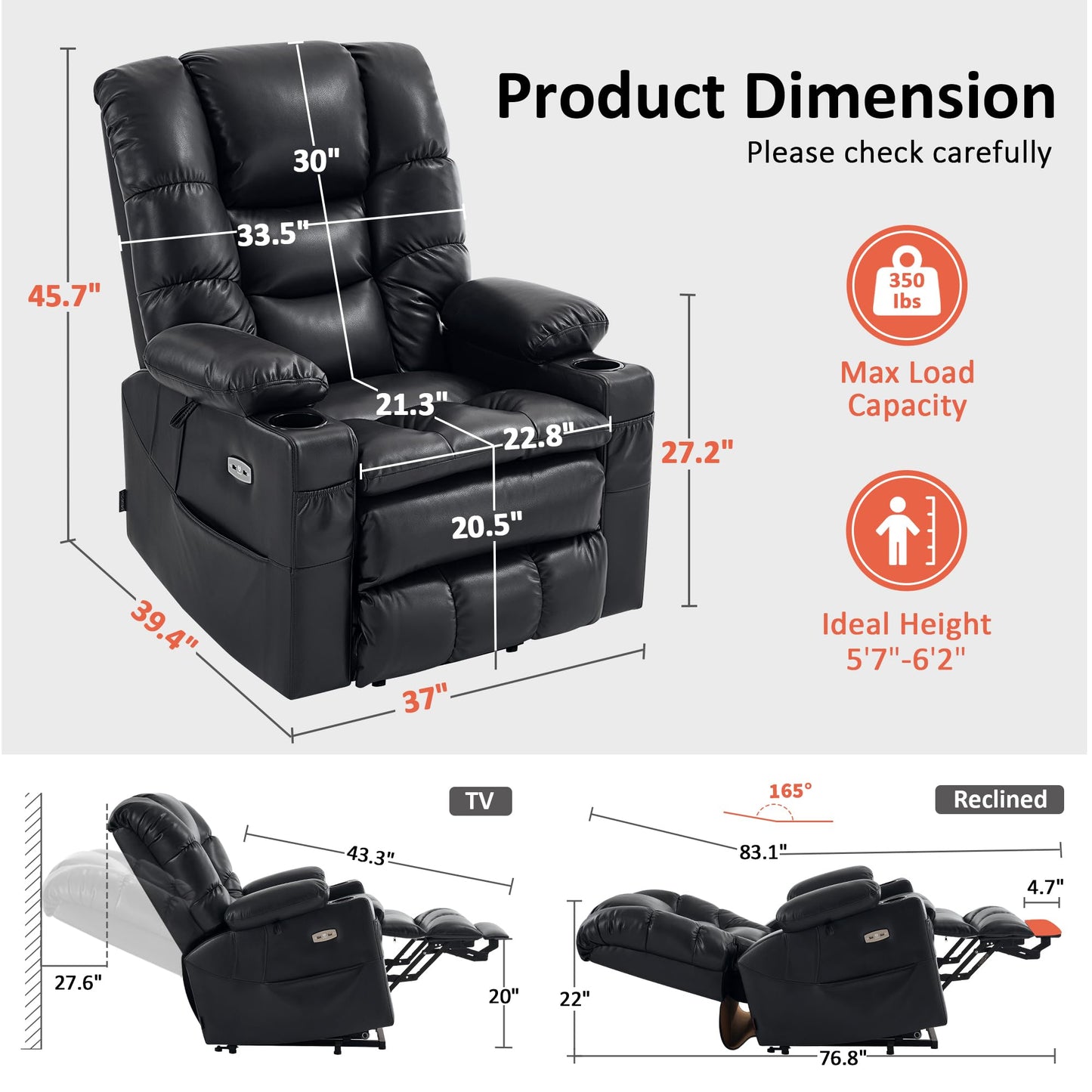 MCombo Triple Motor Lay Flat Power Lift Recliner Chair for Tall Elderly, Infinite Position, Massage, Dual Heating, Adjustable Headrest, Faux Leather 7634 (Black, Large)