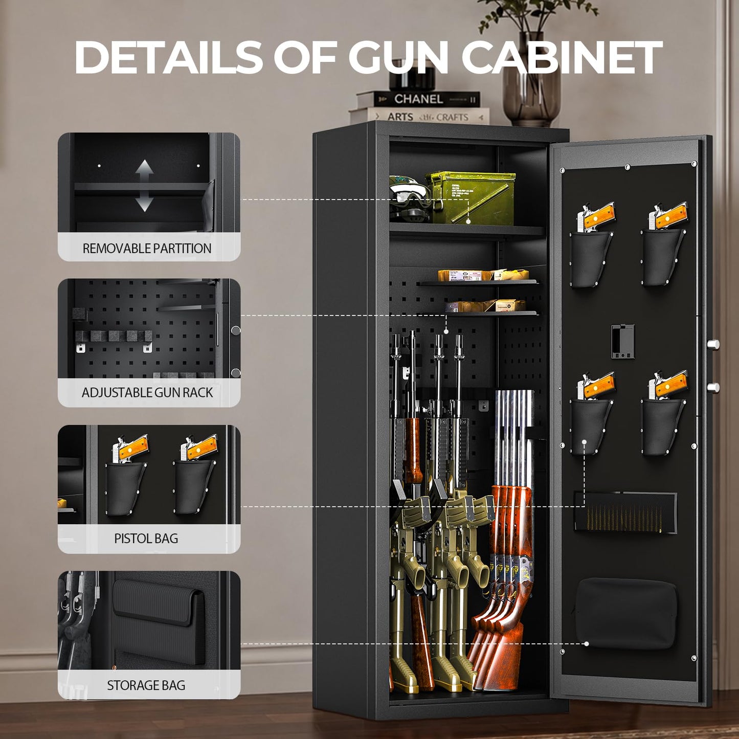 KAER 12-16 Gun Safe with Digital Electronic Keypad and Fingerprint, Heavy-Duty Long Rifle Safe for Rifles and Pistols With Removable Shelves, For Living Room Office Garage Shooting Range