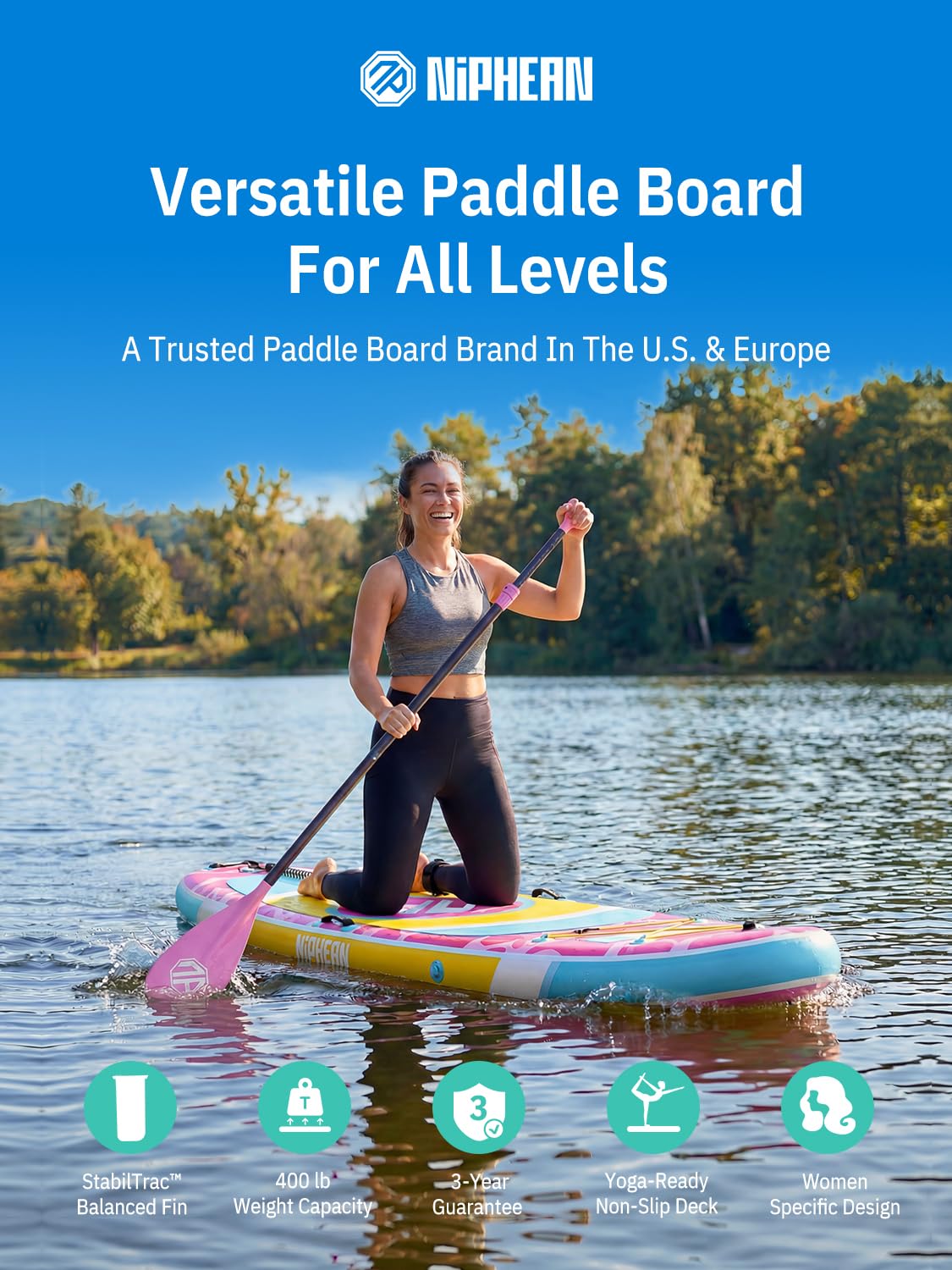 Niphean（Ultra-Light） Inflatable Paddle Board with StabilTrac Fin and Durable SUP Accessories, 10' Stand Up Paddle Boards for Adults & Youth, Versatile Yoga Paddle Board, Gift Ideas-Rainbow Heart