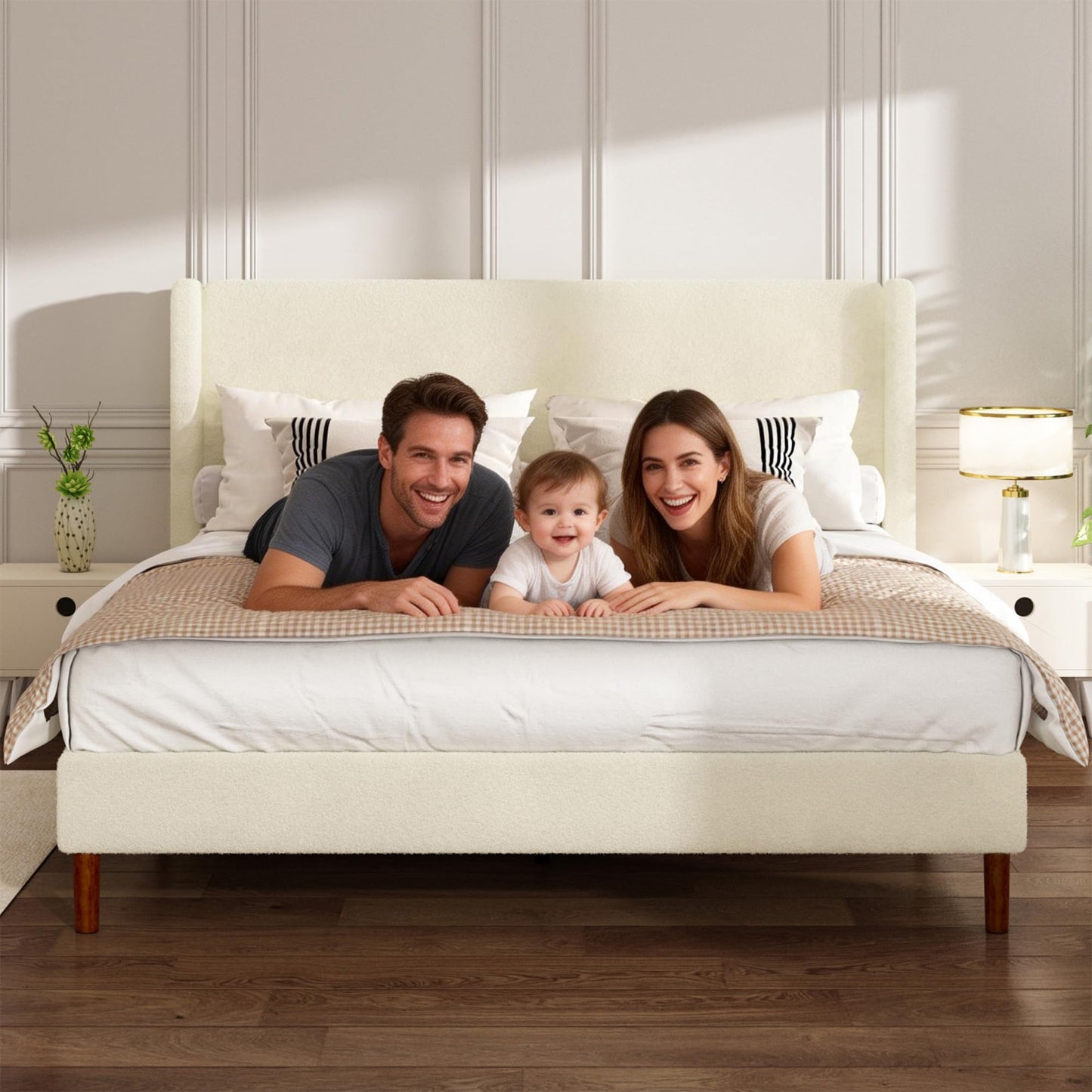 Mxhtcewz Queen Boucle Bed Frame, Platform Bed with Upholstered Wingback Headboard, Strong Wooden Slats Support, Noise-Free, Easy Assembly, No Box Spring Needed, Beige
