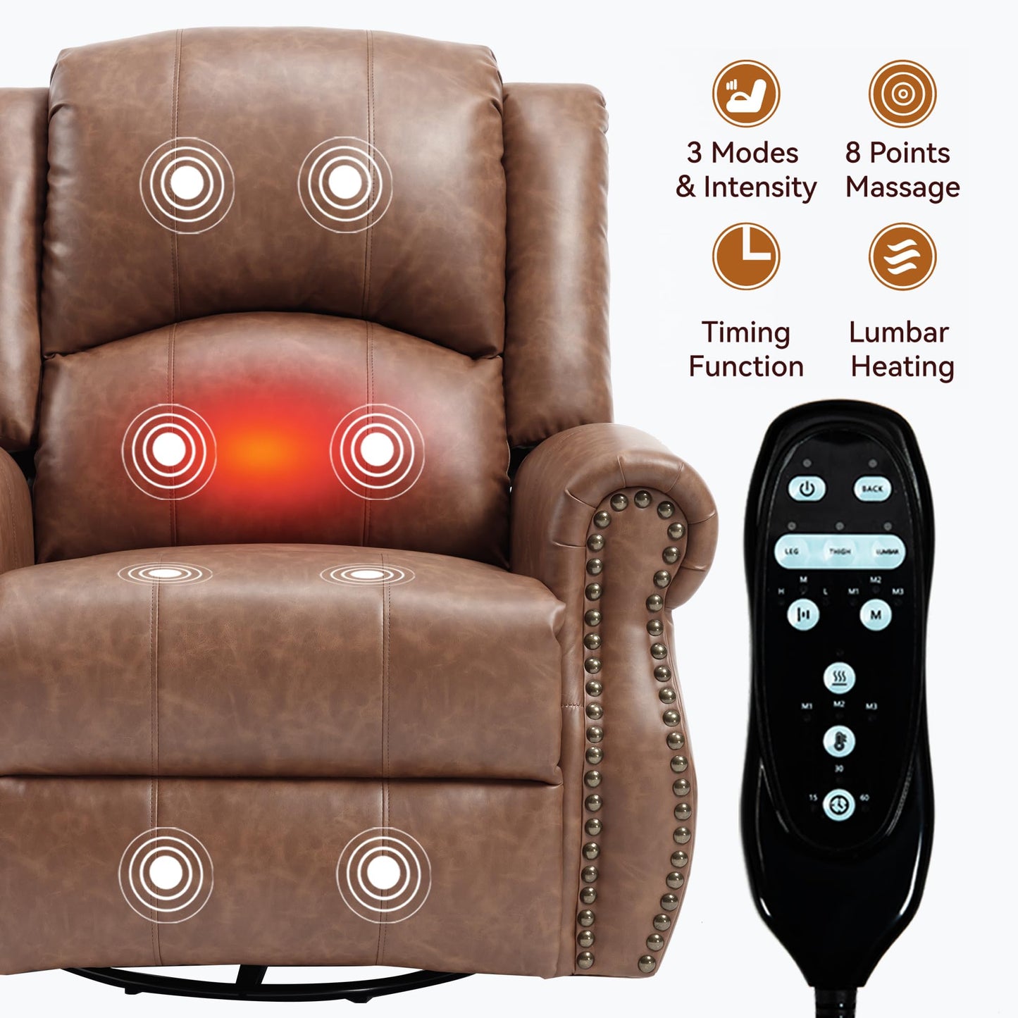 GDFStudio Heat Massage Swivel Rocker Recliner Chair, Manual Fabric Recliner with 360° Swivel, Rocking Function, Lumbar Heat and 8-Point Massage, Overstuffed Living Room Reclining Chair, Yellow Brown