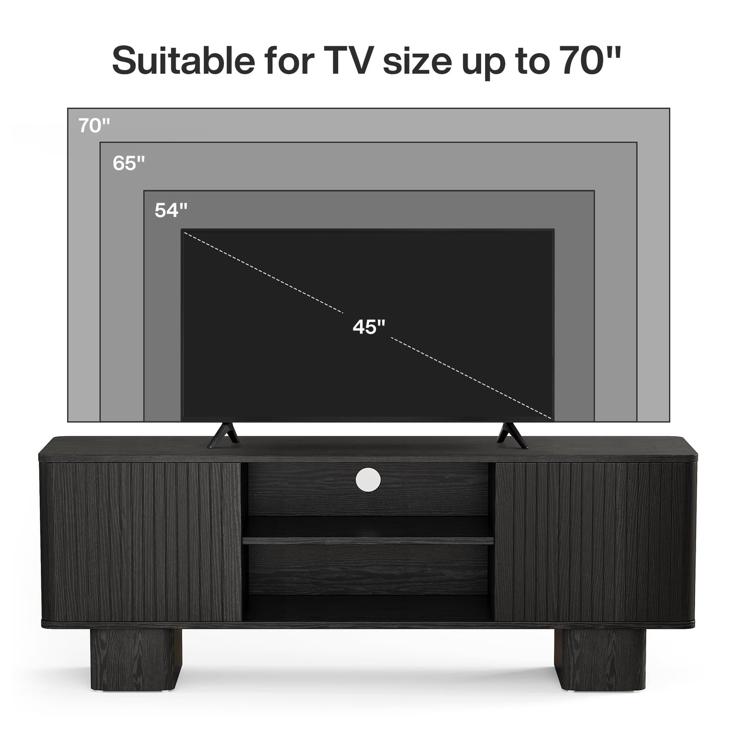 Tribesigns 63" Fluted TV Stand for TVs up to 70", TV Console with Hidden Storage, Adjustable Shelves and Fluted Door, Mid Century Modern Entertainment Center for Living Room, Bedroom, Black
