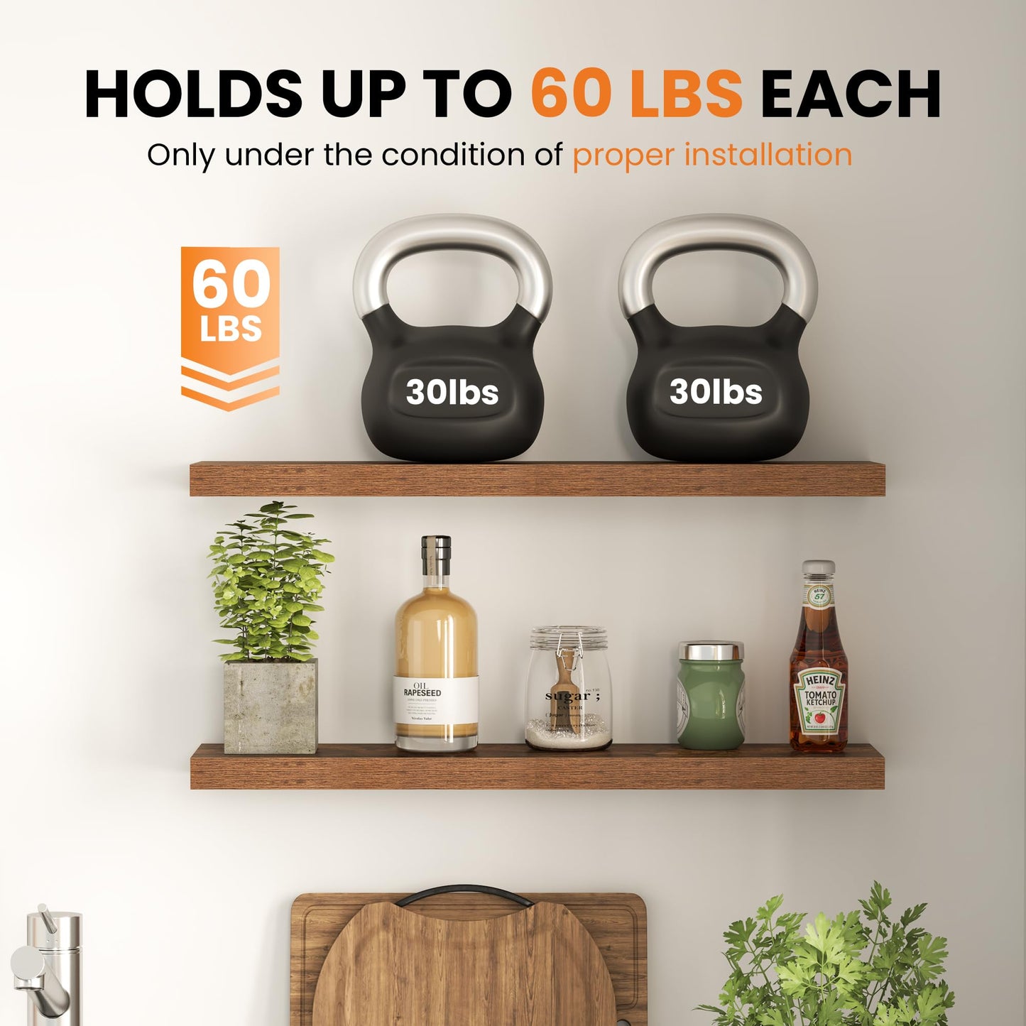 Fun Memories Floating Shelves for Wall, 72 Inch Long Set of 2 Rustic Wood Wall Shelves with Invisible Brackets, Heavy Duty Storage Display for Living Room Bedroom Kitchen, Brown
