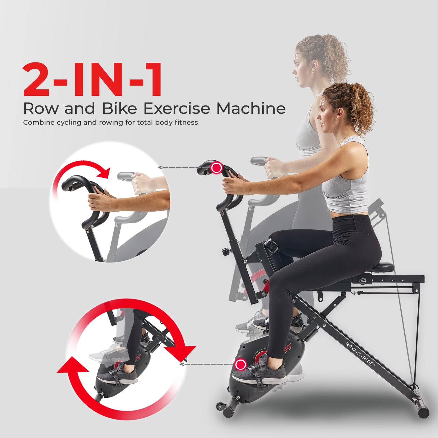 Sunny Health & Fitness Upright Bike + Row-N-Ride Dual Function Home Rower Squat Machine & Stationary Cycling Full Body Combo Cardio Ab Machine for Stomach Workout Fitness Machine - SF-A022077