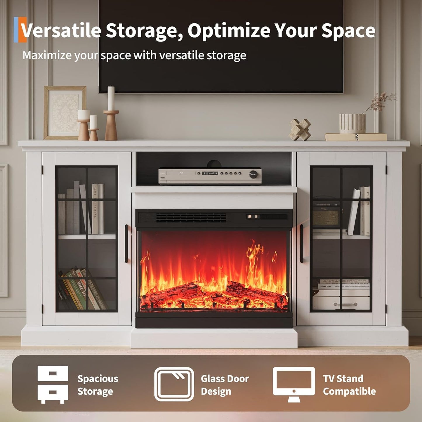 40" 3 Sided Glass Electric Fireplace & 75" TV Stand, 12 Colors LED Lights Flame, 750W/1500W, Tv Stand with Fireplace