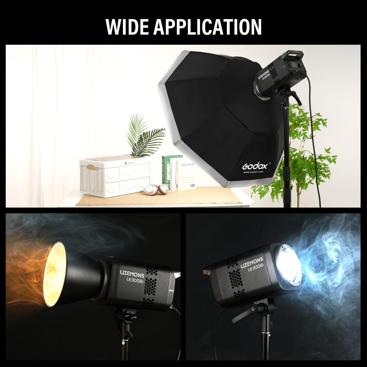 GODOX LE300Bi Light Kit, Godox Litemons LE300Bi Video Light with Softbox Light Stand, Bowens Mount, DMX/Bluetooth APP Control, NFC Connection, 2800K~6500K, 58900Lux@1m, CRI/TLCI98, 11 Fx Effects