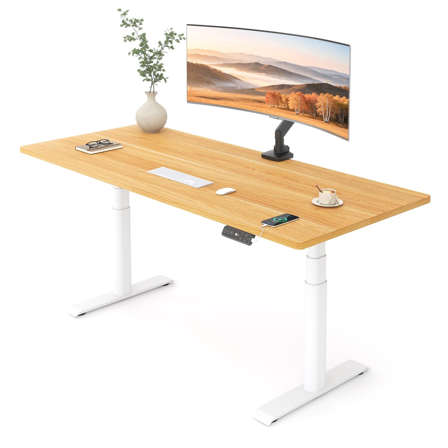FLEXISPOT E6 Pro 55" x 28" Dual Motor Electric Standing Desk, Organic Modern Oval Leg Design, 3-Stage Height Adjustable Sit Stand Desk with Heavy Duty 330lbs, Maple Desktop, White Frame