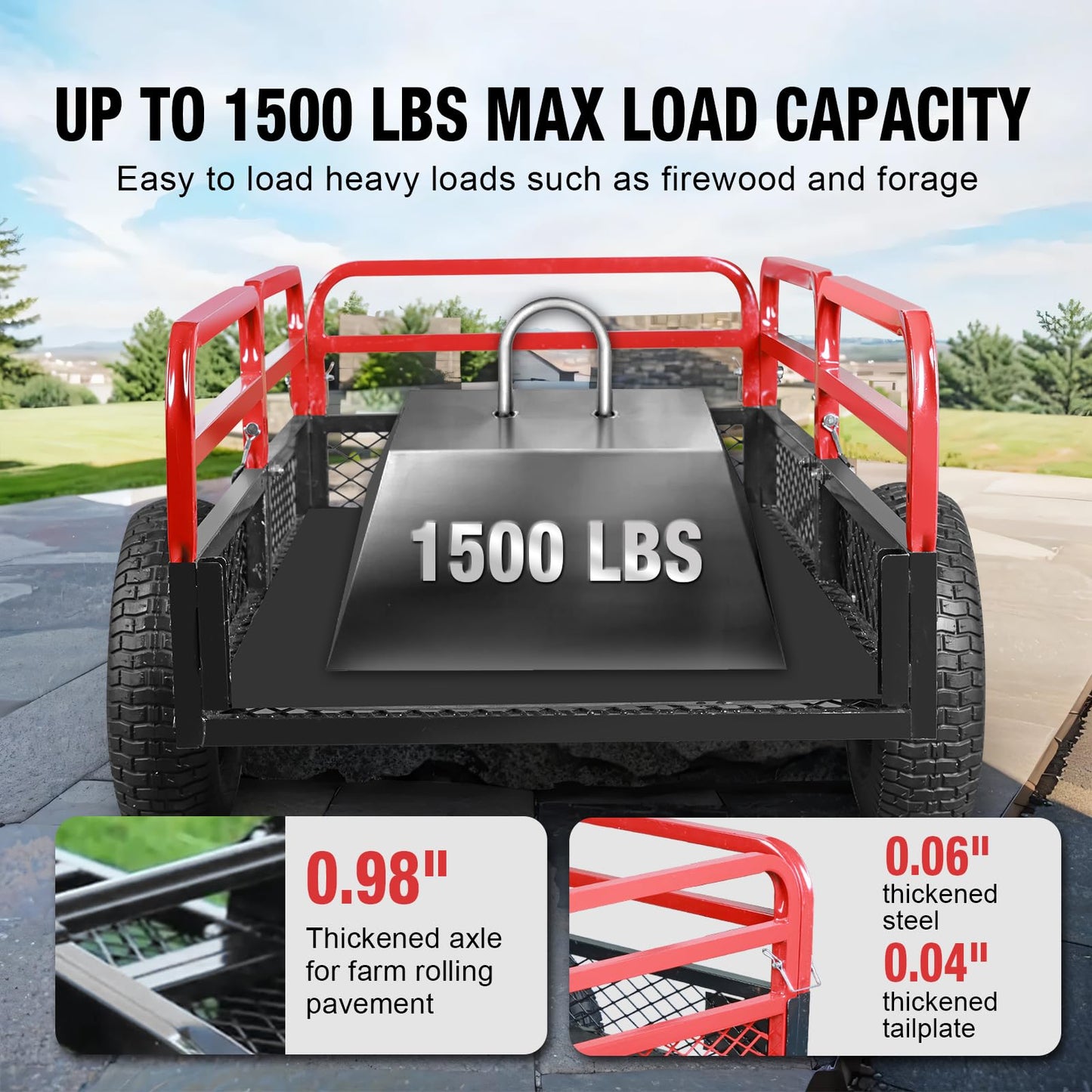 Big RED Heavy Duty ATV Trailer Steel Dump Cart: Yard Garden Trailer for Lawn Mower, Tractor, Garden Waste - 1,500lbs, 15 cu.ft Capacity