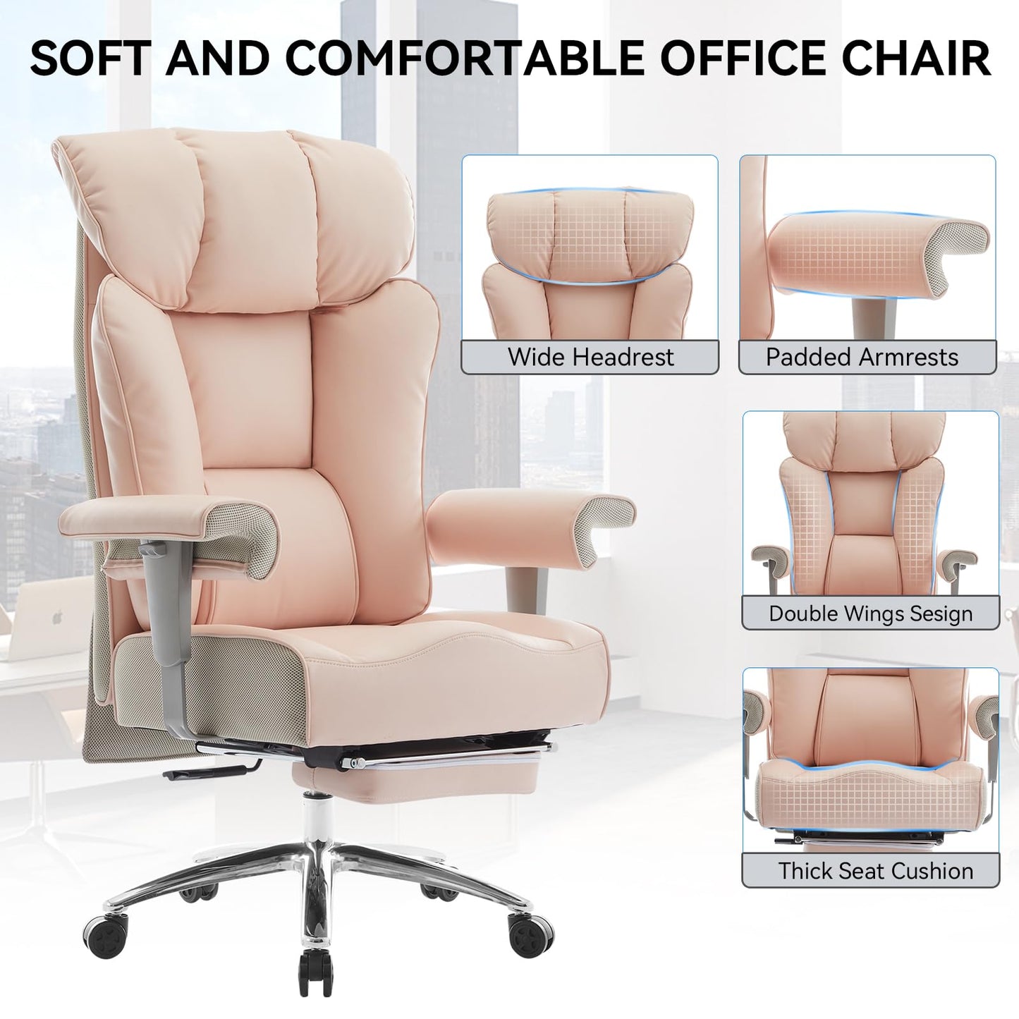Efomao Big & Tall Pink Executive Office Chair 400lbs, Extra Wide 23.2" PU Leather Desk Chair for Women with Footrest, Pocket Spring & Adjustable Arms for Home Office