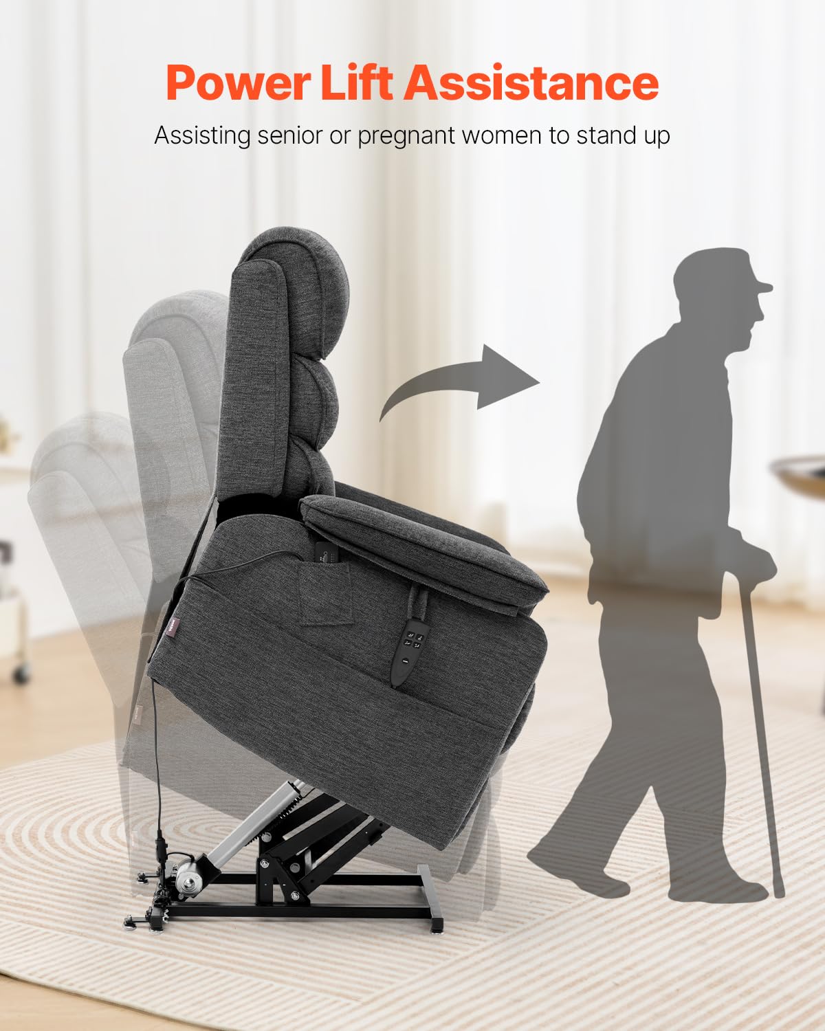 VEVOR Power Lift Recliner Chair, Dual Motor Lift Chair with Heat and Massage for Elderly, Infinite Position Adjustment Electric Recliner with 2 Anti-Fall Ropes (Medium, Dark Gray)