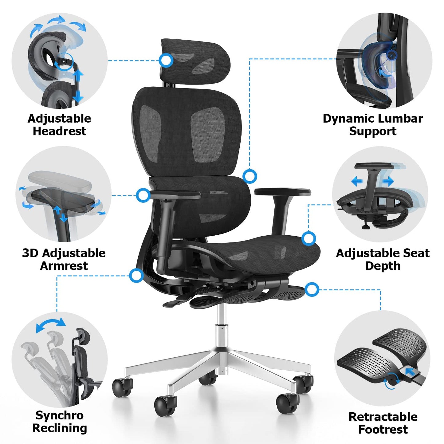 PatioMage Ergonomic Office Chair with Footrest, Big and Tall Desk Chair with Adjustable Lumbar Support, Seat Depth & 3D Armrests, High Back Mesh Computer Chair for Home Office, Black
