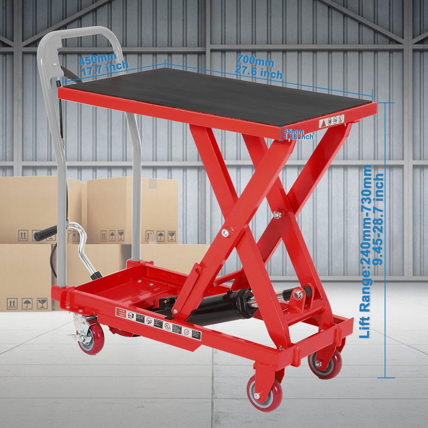Garvee Heavy Duty Hydraulic Lift Table Cart 500LB Capacity, Single Scissor Lift Table with 28.5'' Lifting Height, Non-Slip Platform & Locking Wheels for Garage, Warehouse, Workshop, Red