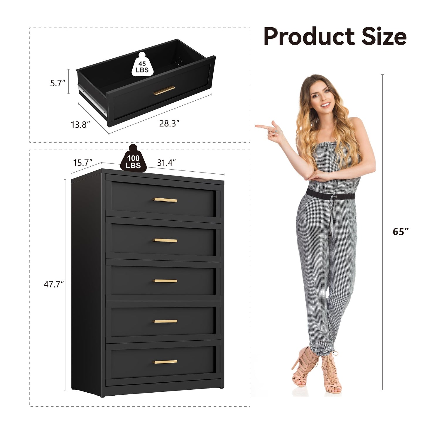 Black Metal Dresser with 5 Drawer, Tall Dressers for Bedroom, 48" Tall Modern Chest of Drawers, Steel Large Dresser Clothing Storage Organizer Deep Drawers for Closet, Living Room, Hallway