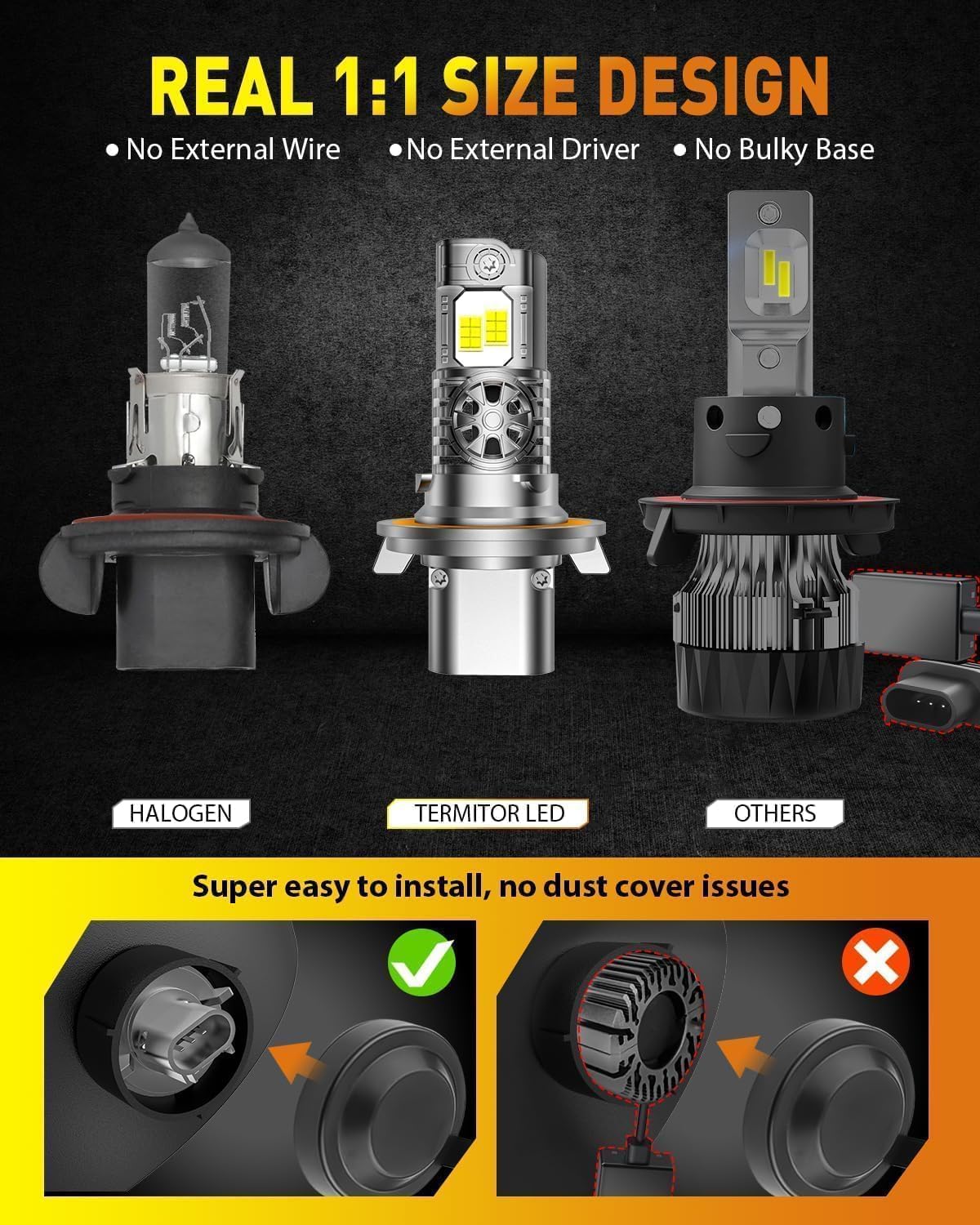 Termitor 9008 H13 LED Bulbs, 70,000LM, 6500K Pure White, Easy Plug-N-Play, IP68 Waterproof, Pack of 2
