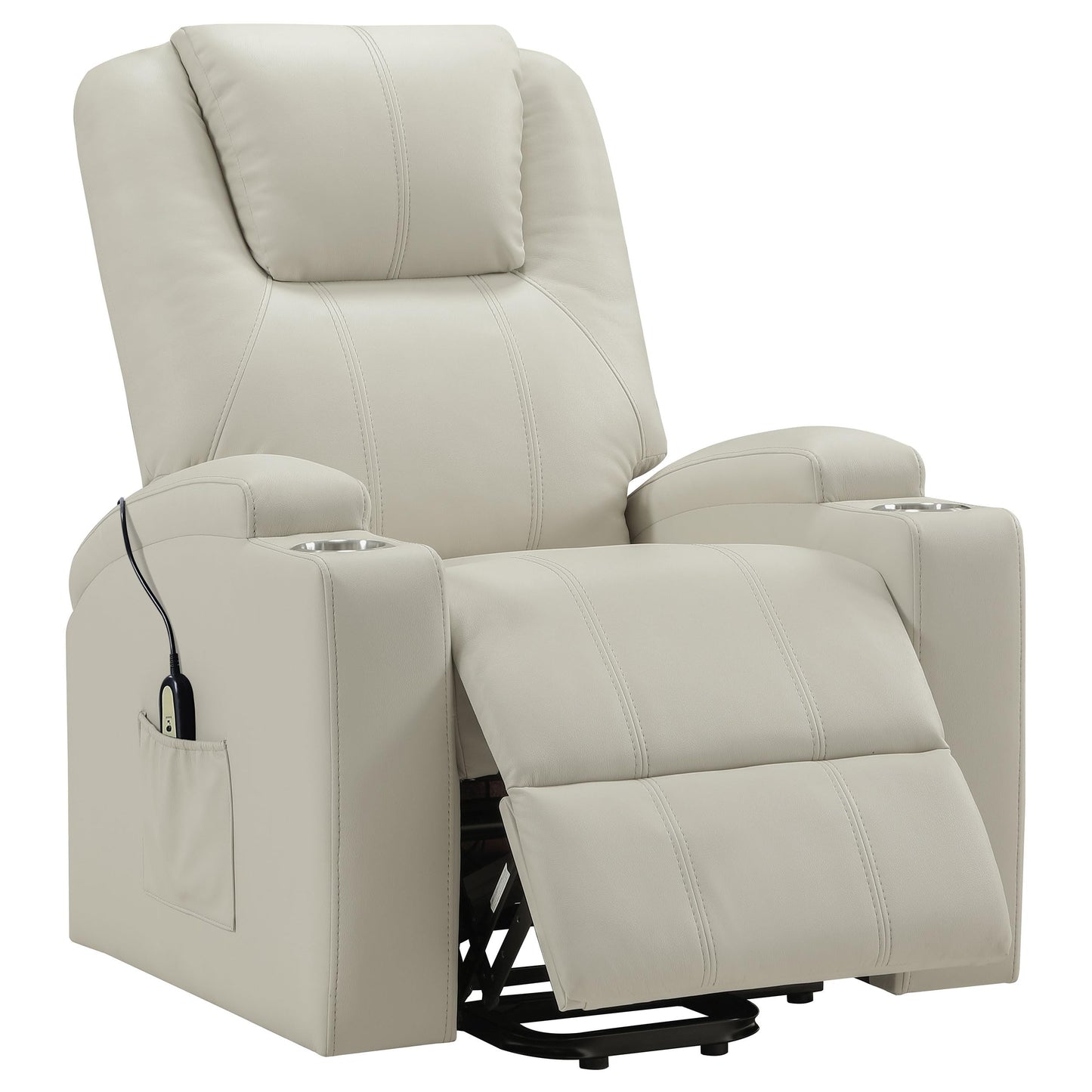 Coaster Home Furnishings - Armstrong - Wood - Power Lift Massage Recliner with Channel Tufting, Wired Remote, Cup Holders and Side Storage Pockets - Living Room - Ivory - 609477P