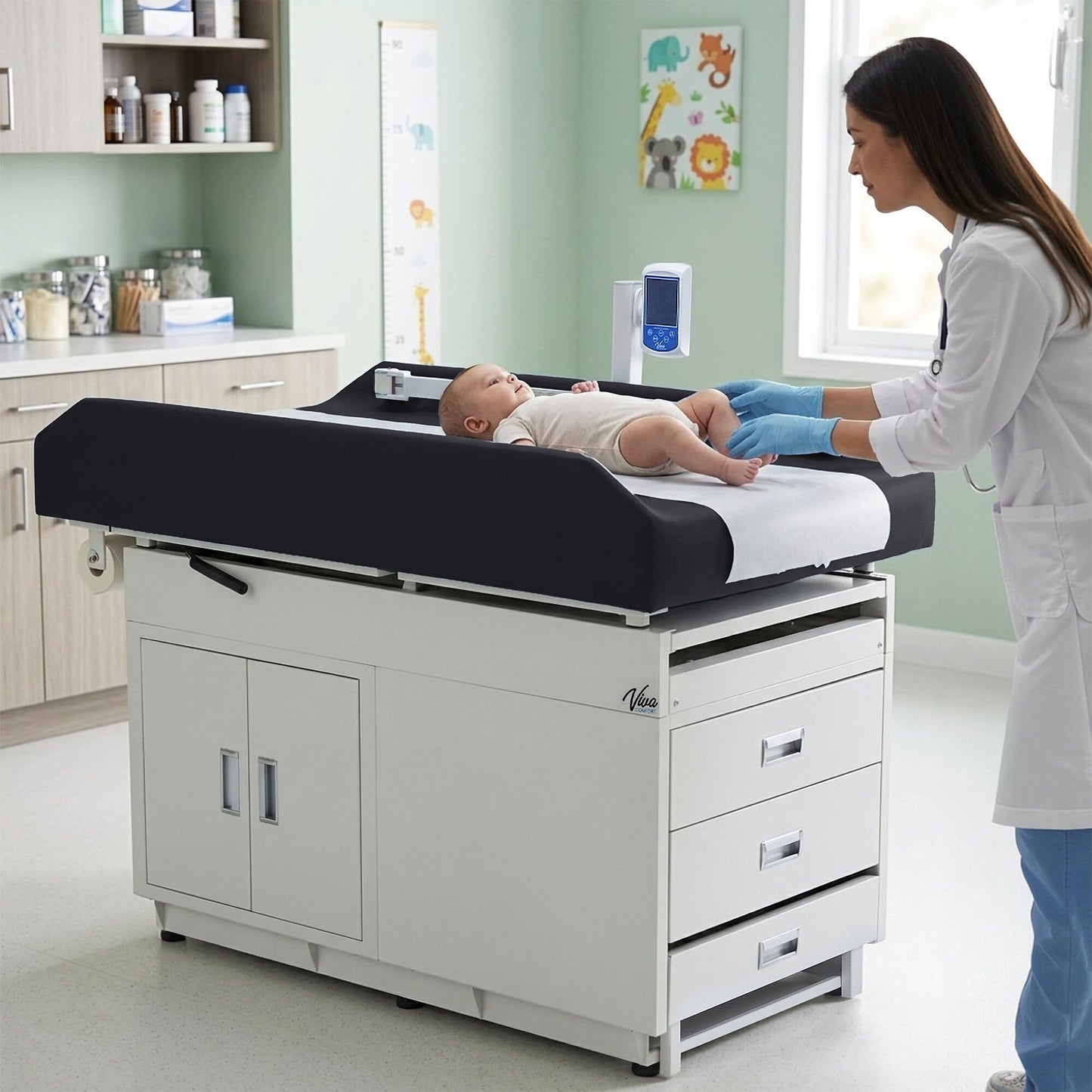 Vivacomfort Grande Pediatric Treatment Scale Table – Child Exam Table with Built-in Baby Scale & Height Rod, 500 lb Weight Capacity, Black