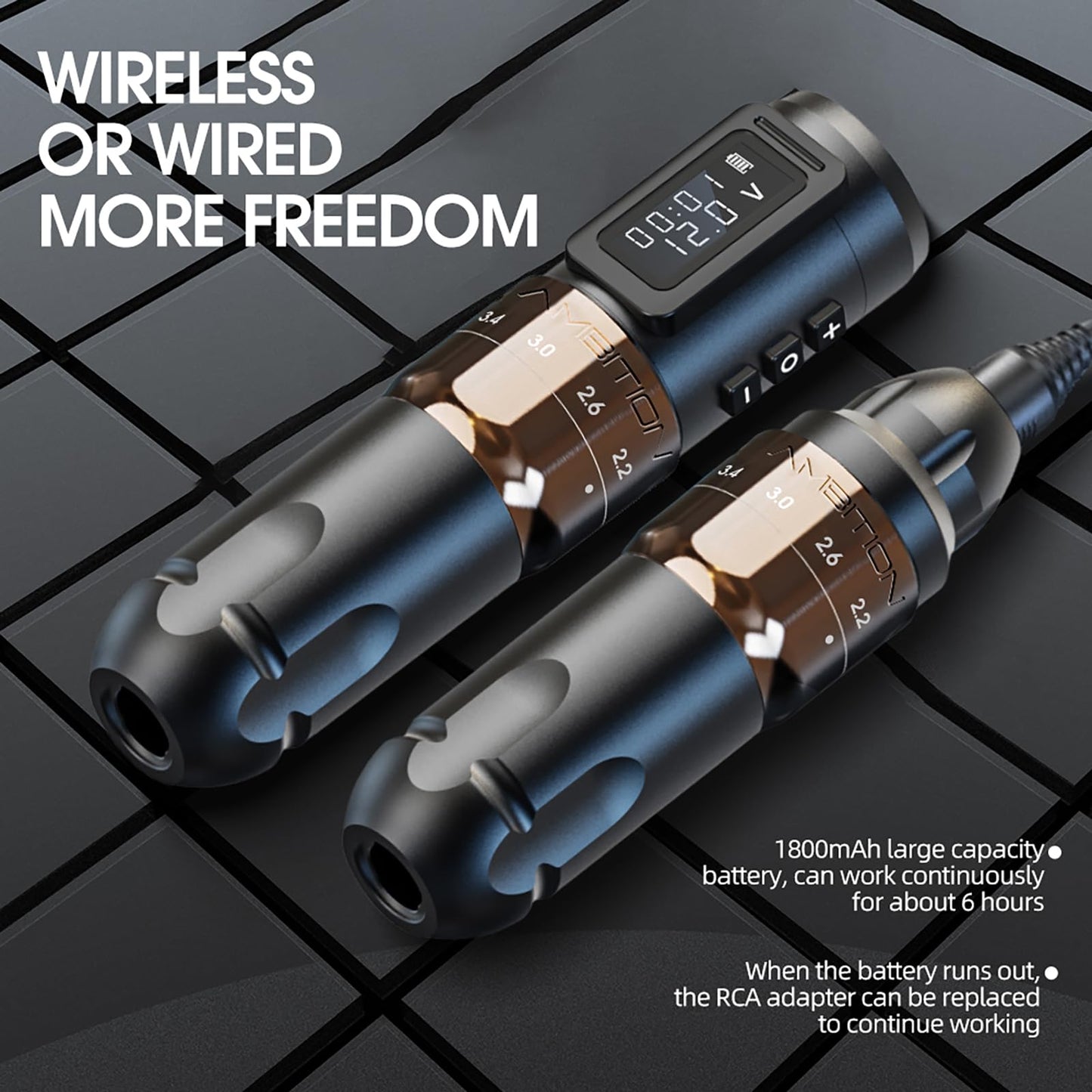 Ambition MARS-U Wireless Tattoo Machine with Adjustable Stroke - Rotary Tattoo Gun Cartridge Pen 1800mAh Power with Coreless Motor Digital LED Display for Professional Tattoo Artist