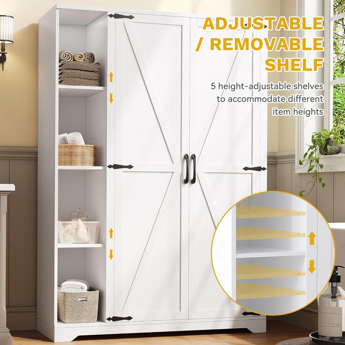 DWVO Broom Closet Storage Cabinet, Wooden Organizer for Ironing Board and Bucket Vacuum Cleaners, Double-Door Cleaning Cabinet for Laundry Rooms and Utility Spaces