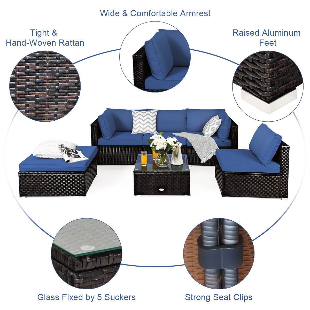 COSTWAY 6-Piece Outdoor Patio Furniture Set, Rattan Sectional Sofa Set with Tempered Glass Coffee Table, Cushions and Ottoman for Garden, Deck, Backyard (Navy)