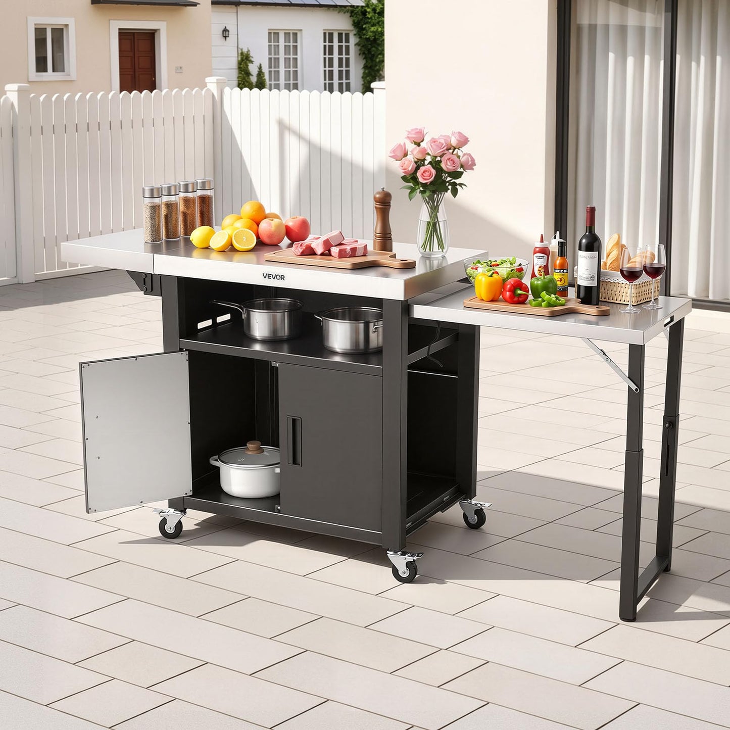 VEVOR Outdoor Grill Cart with Storage Cabinet, 74.8 Inch Grill Table, Waterproof Kitchen Island with Stainless Steel Top, Pull-Out Plate, Wheels, Movable Food Prep Station for Patio Bar Backyard BBQ