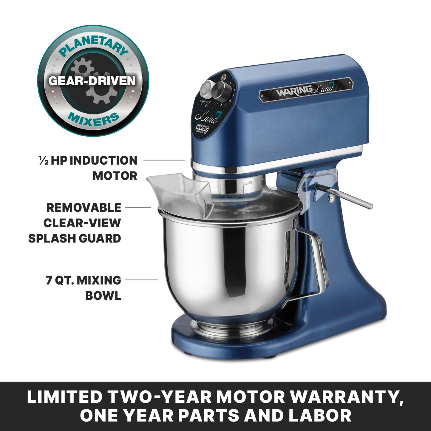 Waring Commercial Luna Planetary Stand Mixer, 7-Quart Capacity, 1/2 Horsepower, 11-Speed Tilt Head, for Professional Kitchens & Bakeries, NSF Certified, WSM7L