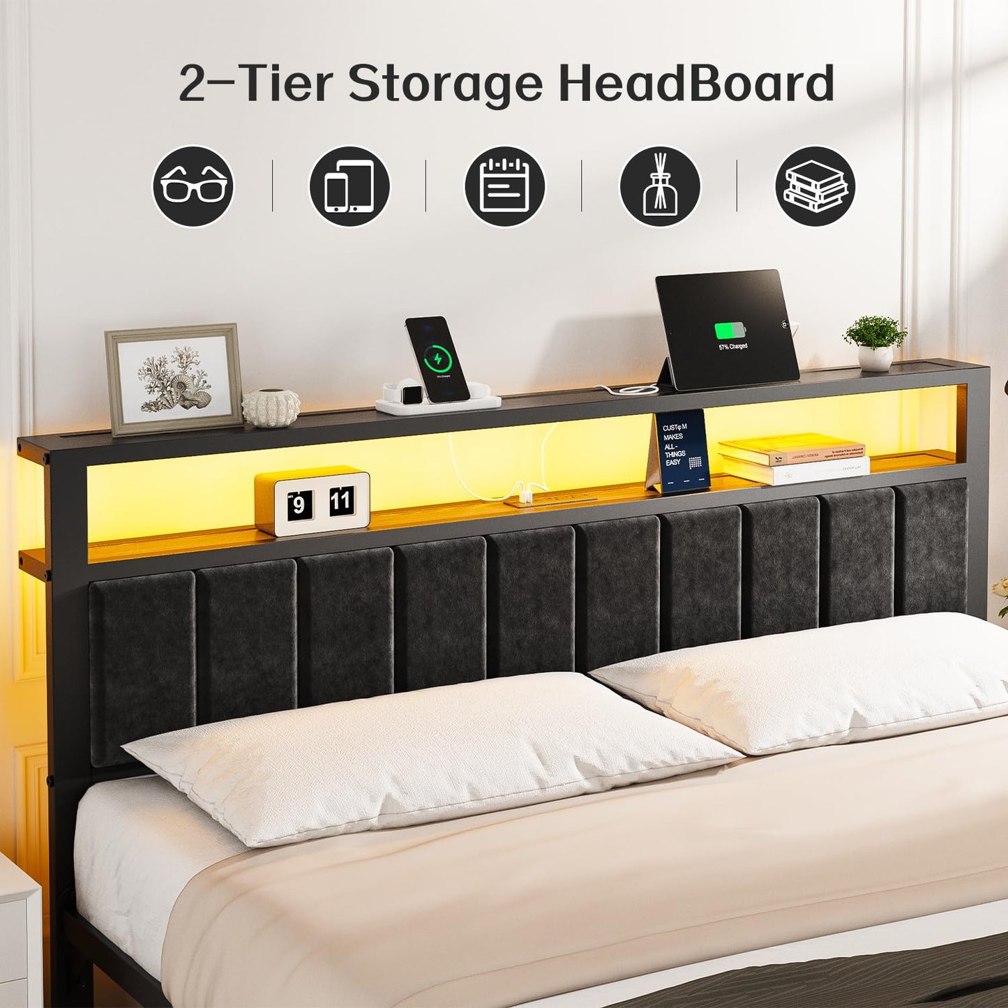 OLEVS King Bed Frame with Charging Station & LED Lights, Modern Platform Bed with Upholstered Storage Headboard, No Box Spring Needed Noise Free