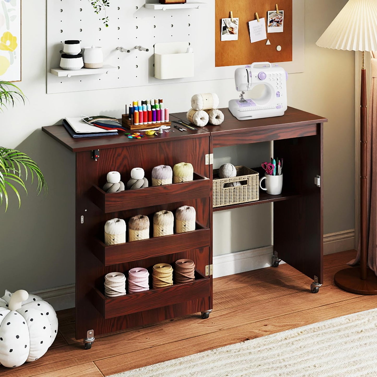 COSTWAY Folding Sewing Table with Portable Sewing Machine, 3 in 1 Drop Leaf Craft Table, Rolling Sewing Machine Desk with Charging Station, 3 Trays, Lower Shelf, 5 Universal Casters (Brown)