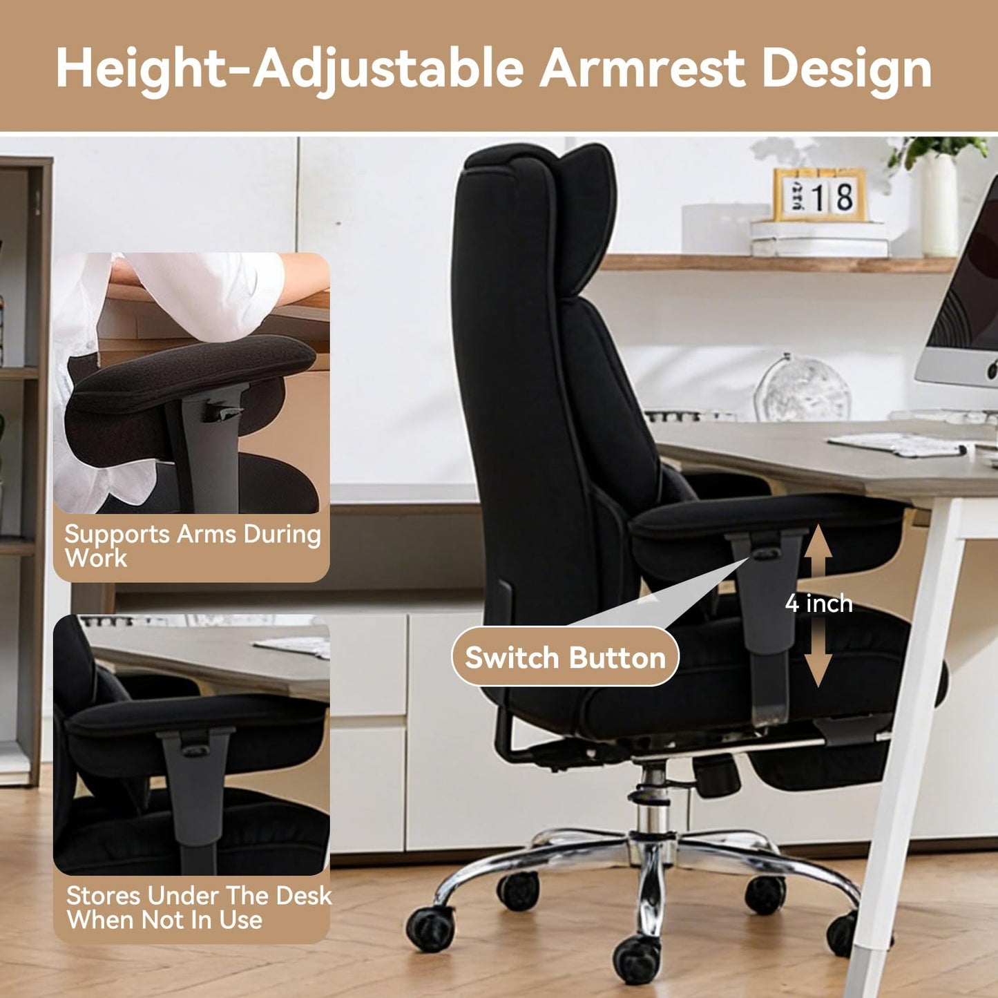 Efomao Big and Tall Office Chair with Footrest - 400lbs Heavy Duty Pocket Spring Desk Chair, 7" Thick Cushion Breathable Fabric Executive Office Chair, Ergonomic Reclining Workstation, Black
